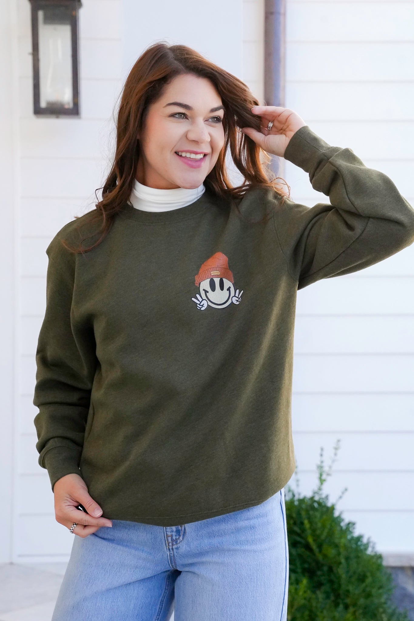Plus/Reg Long Sleeve Smiley Face Emoji Graphic Sweatshirt