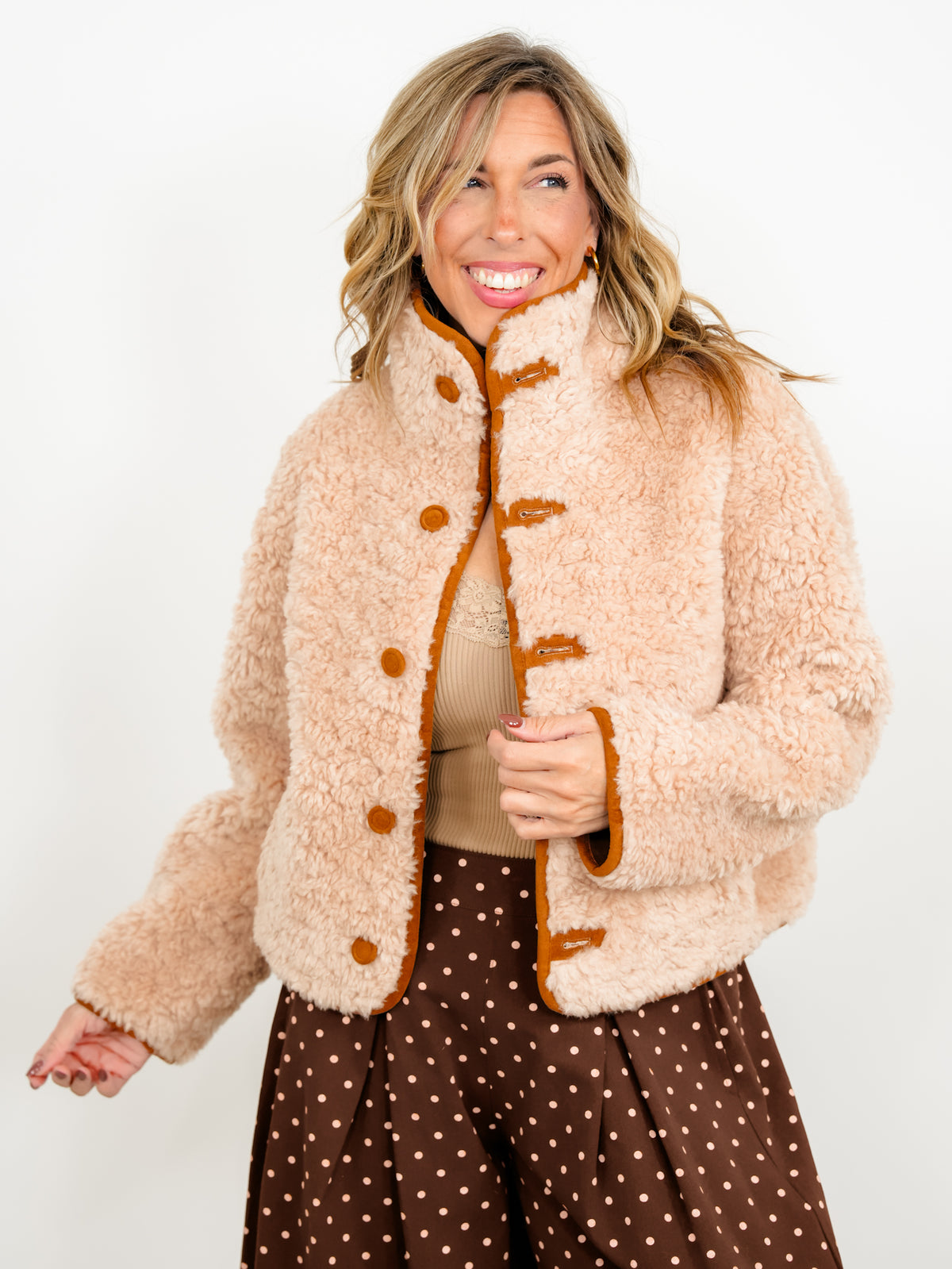 Vegan Suede/Sherpa Reversible Long Sleeve Button Down Jacket