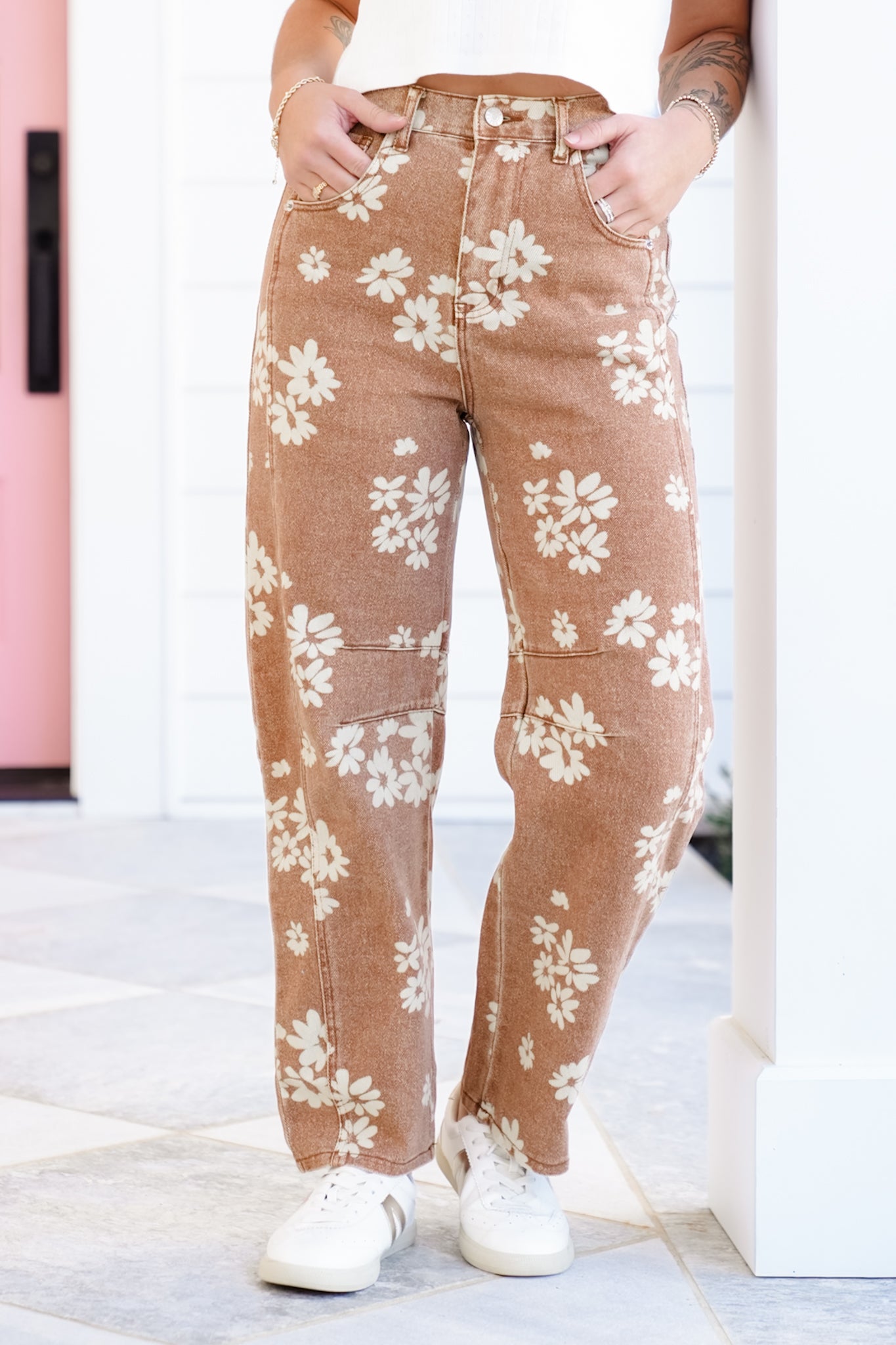 Floral Print Barrel Pants with Pockets