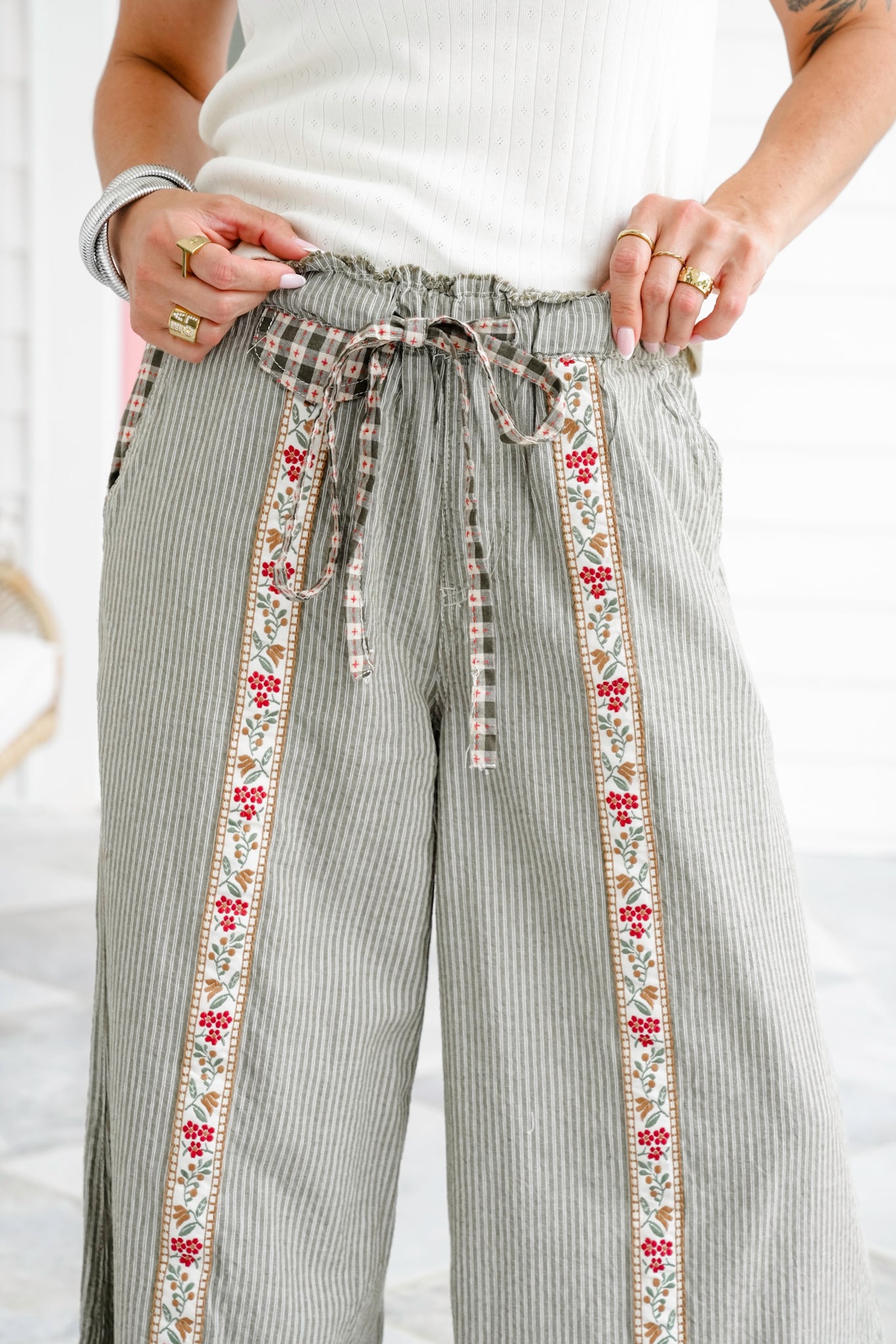 POL Woven Stripe Wide Leg Pants with Floral Trim Detail