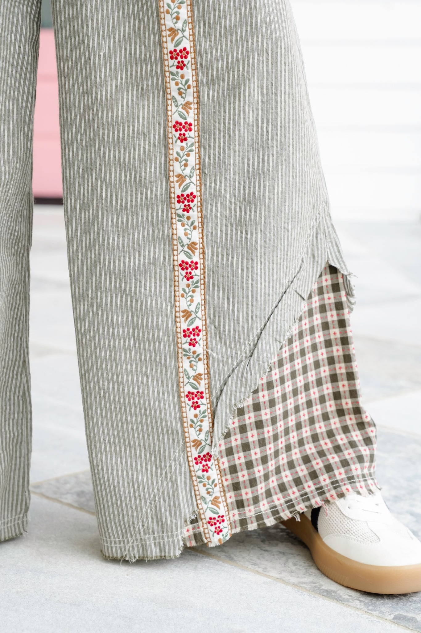 POL Woven Stripe Wide Leg Pants with Floral Trim Detail