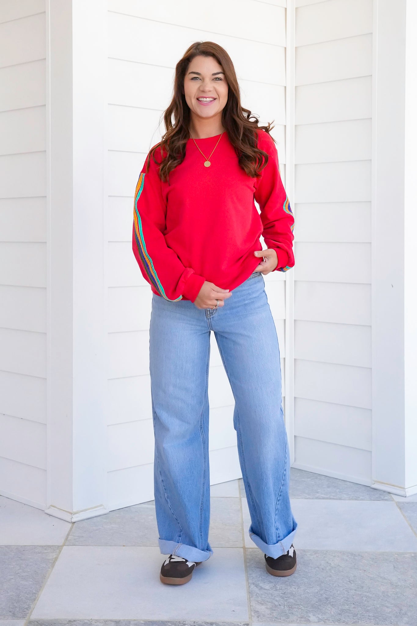 Red Long Sleeve Pullover Sweatshirt with Stripes