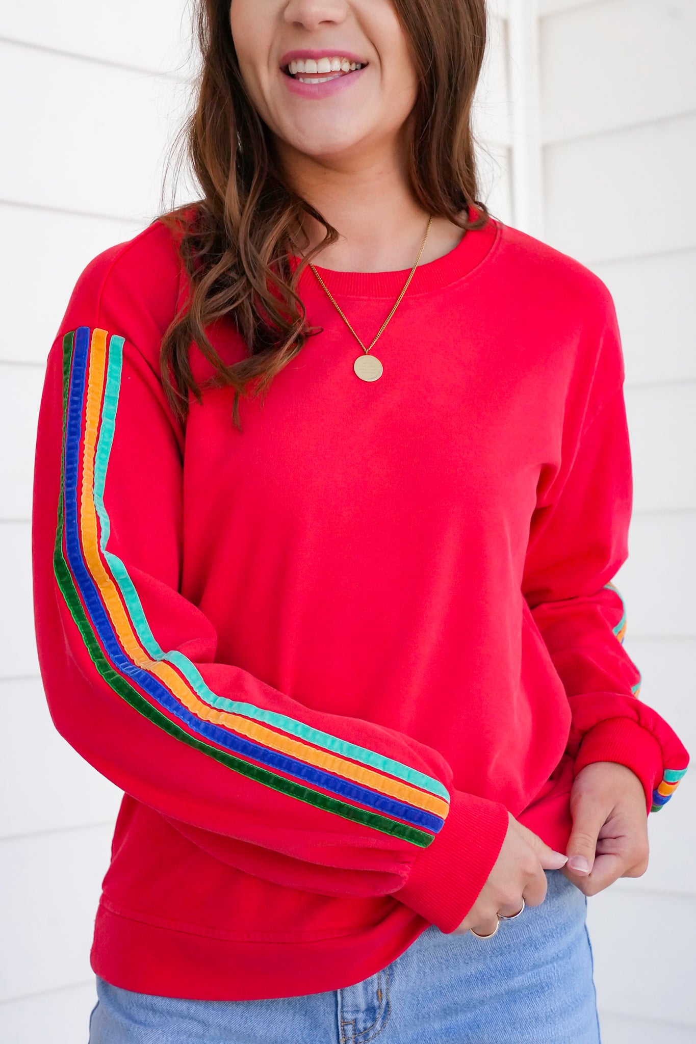 Red Long Sleeve Pullover Sweatshirt with Stripes