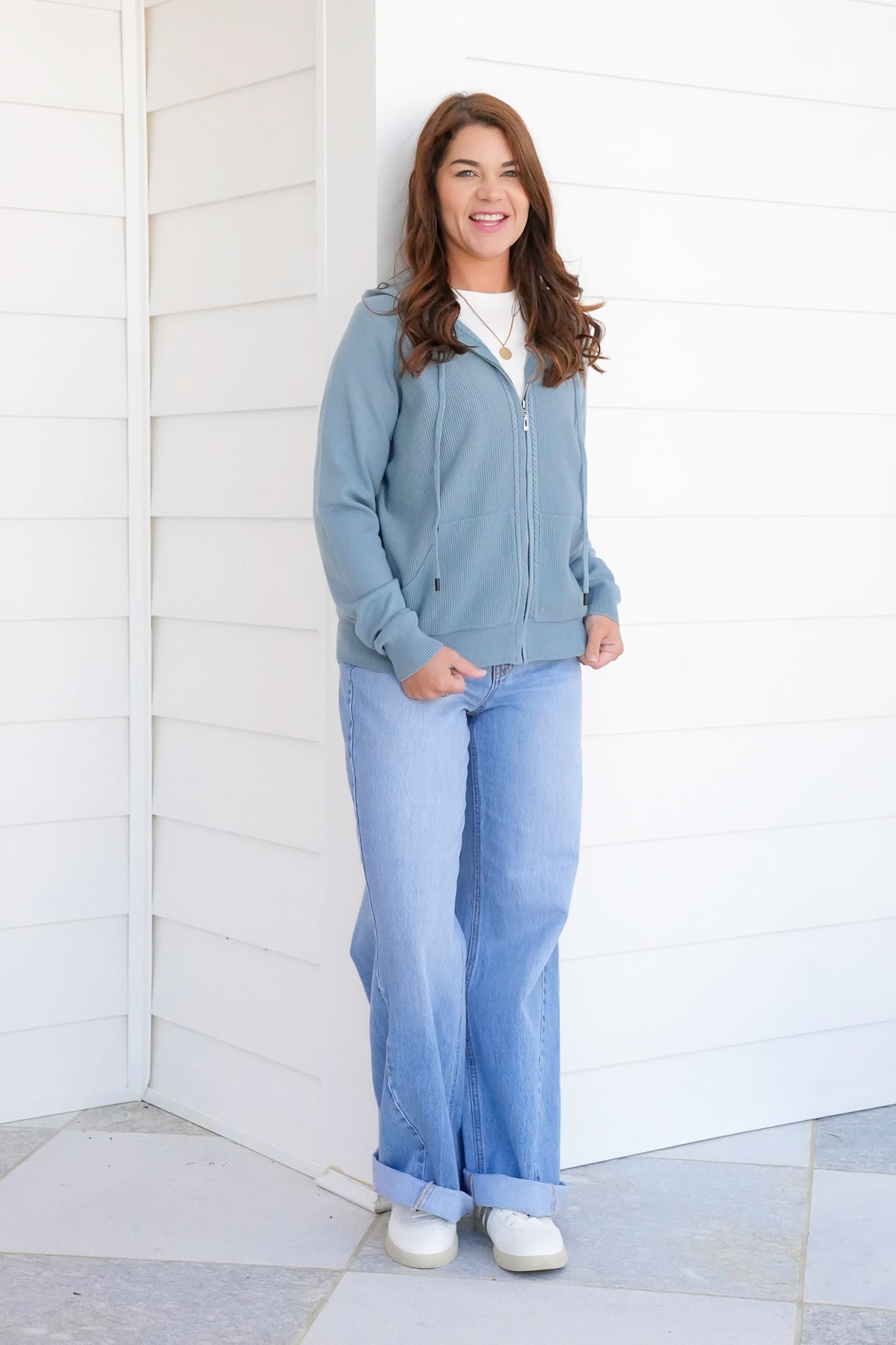 Thermal Knit Long Sleeve Zip-Up Hoodie