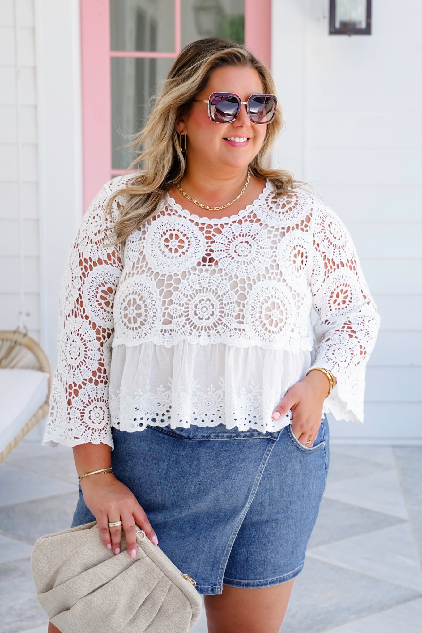 POL Crochet 3/4 Sleeve Round Neck Top with Floral Eyelet Detail