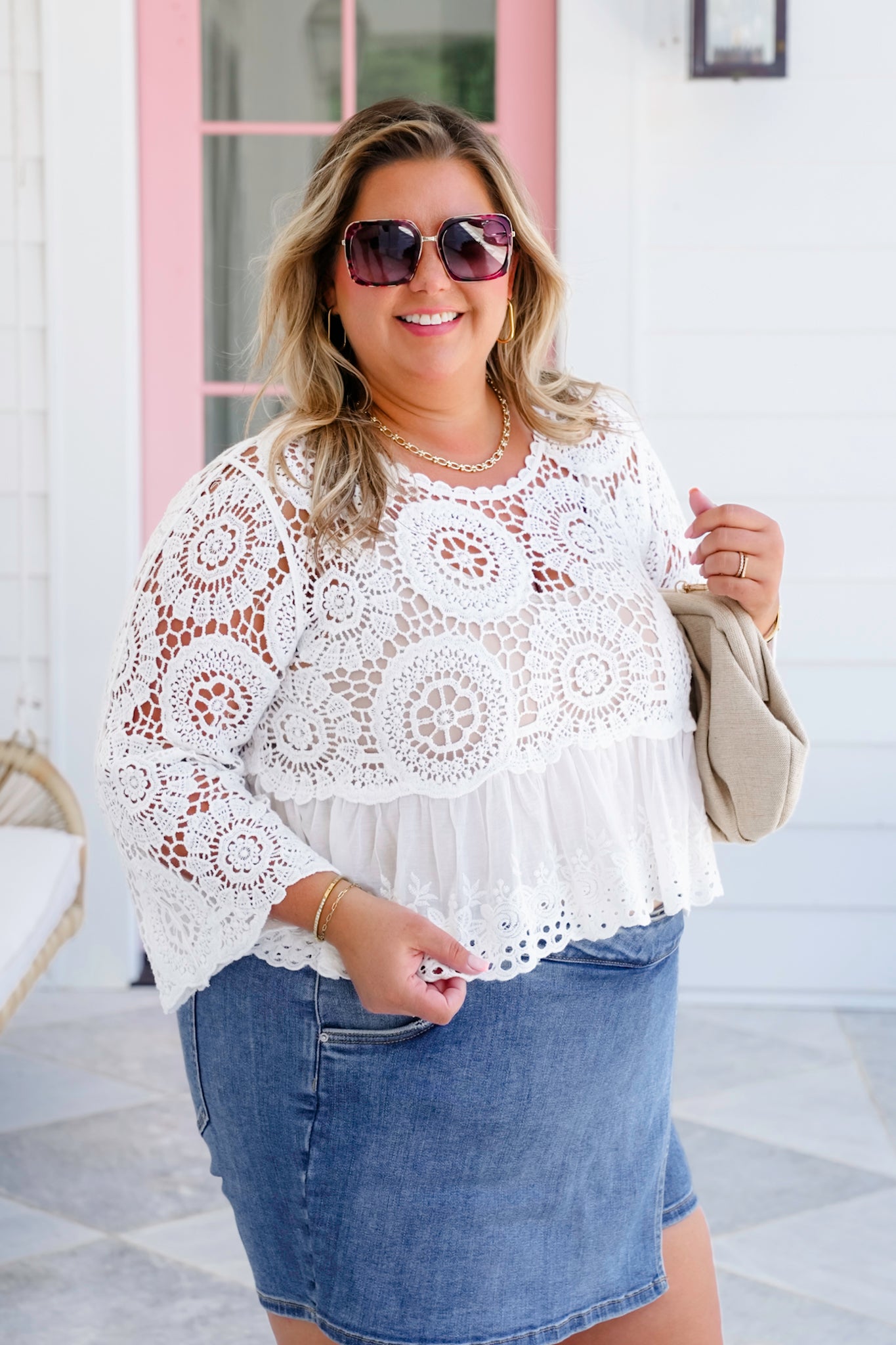 POL Crochet 3/4 Sleeve Round Neck Top with Floral Eyelet Detail