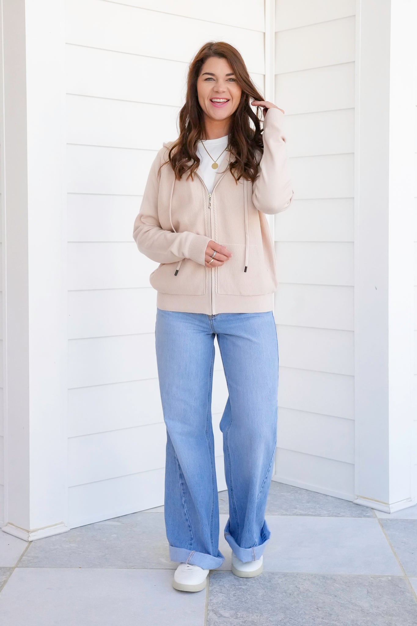 Thermal Knit Long Sleeve Zip-Up Hoodie