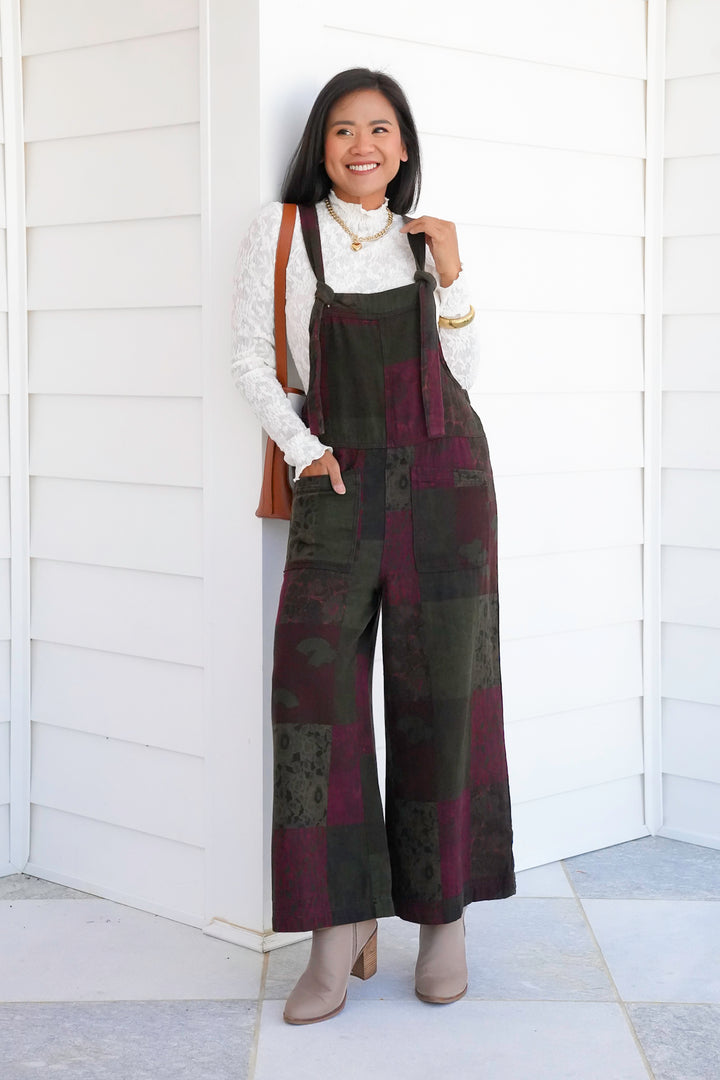 Patchwork Print Wide Leg Overalls