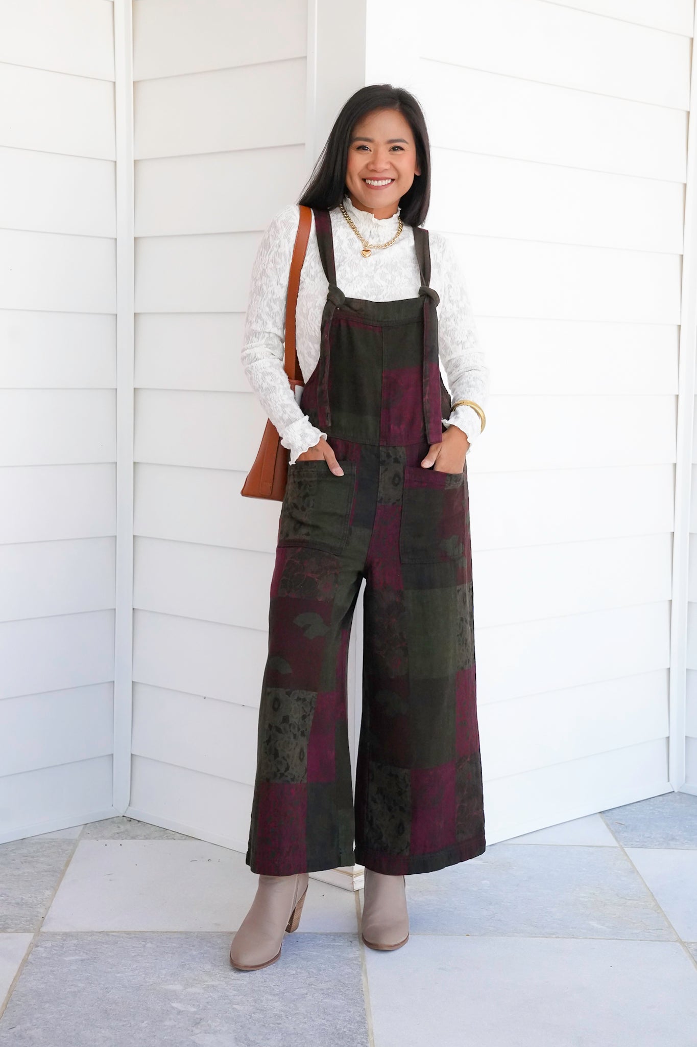 Patchwork Print Wide Leg Overalls