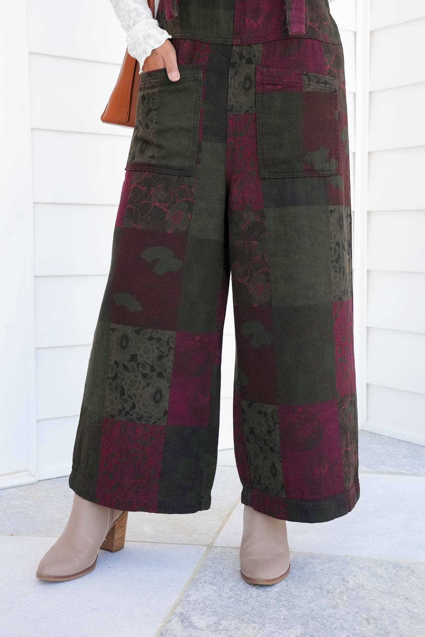Patchwork Print Wide Leg Overalls