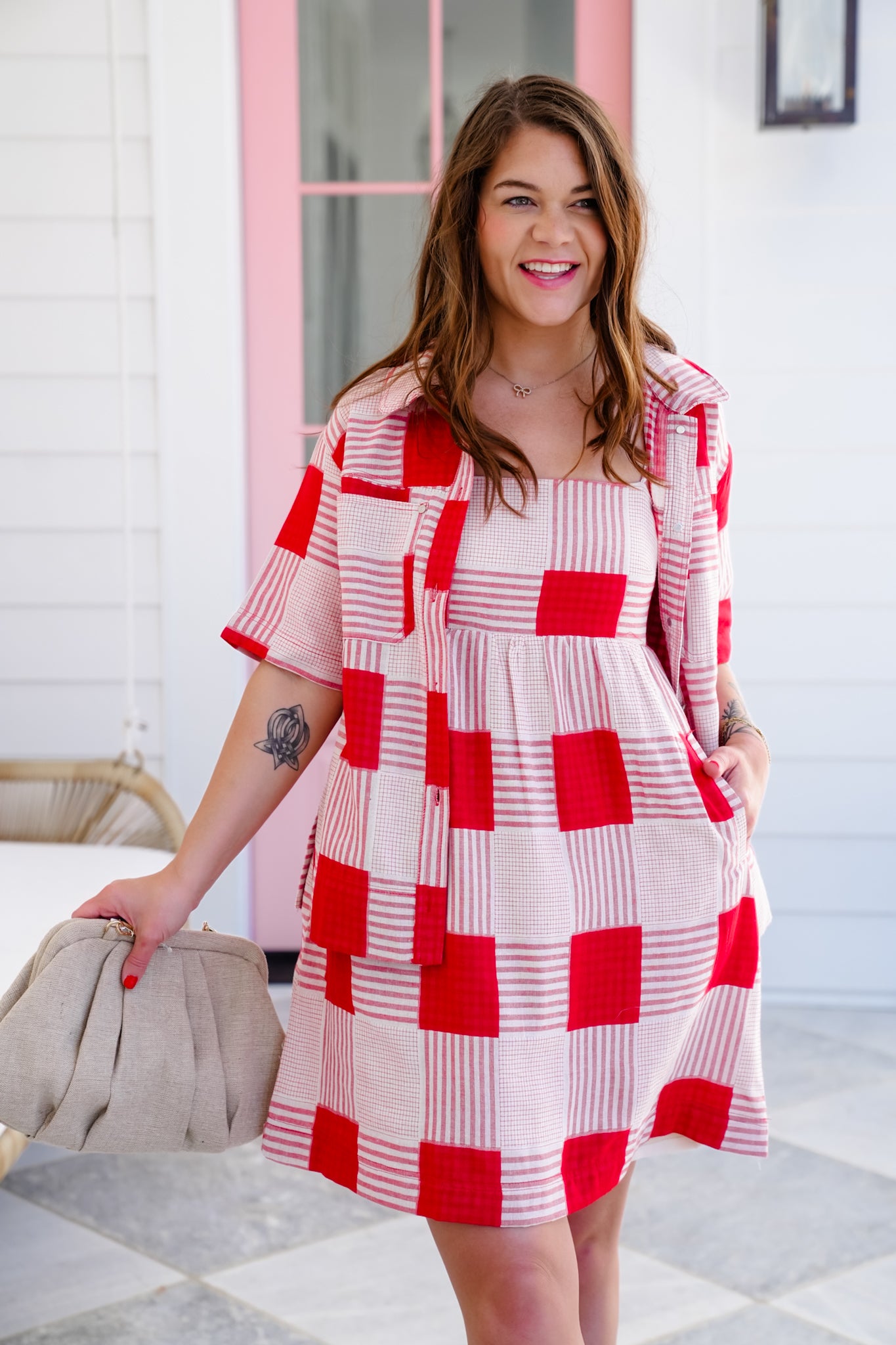 Plaid Short Sleeve Top And Sleeveless Mini Dress Set