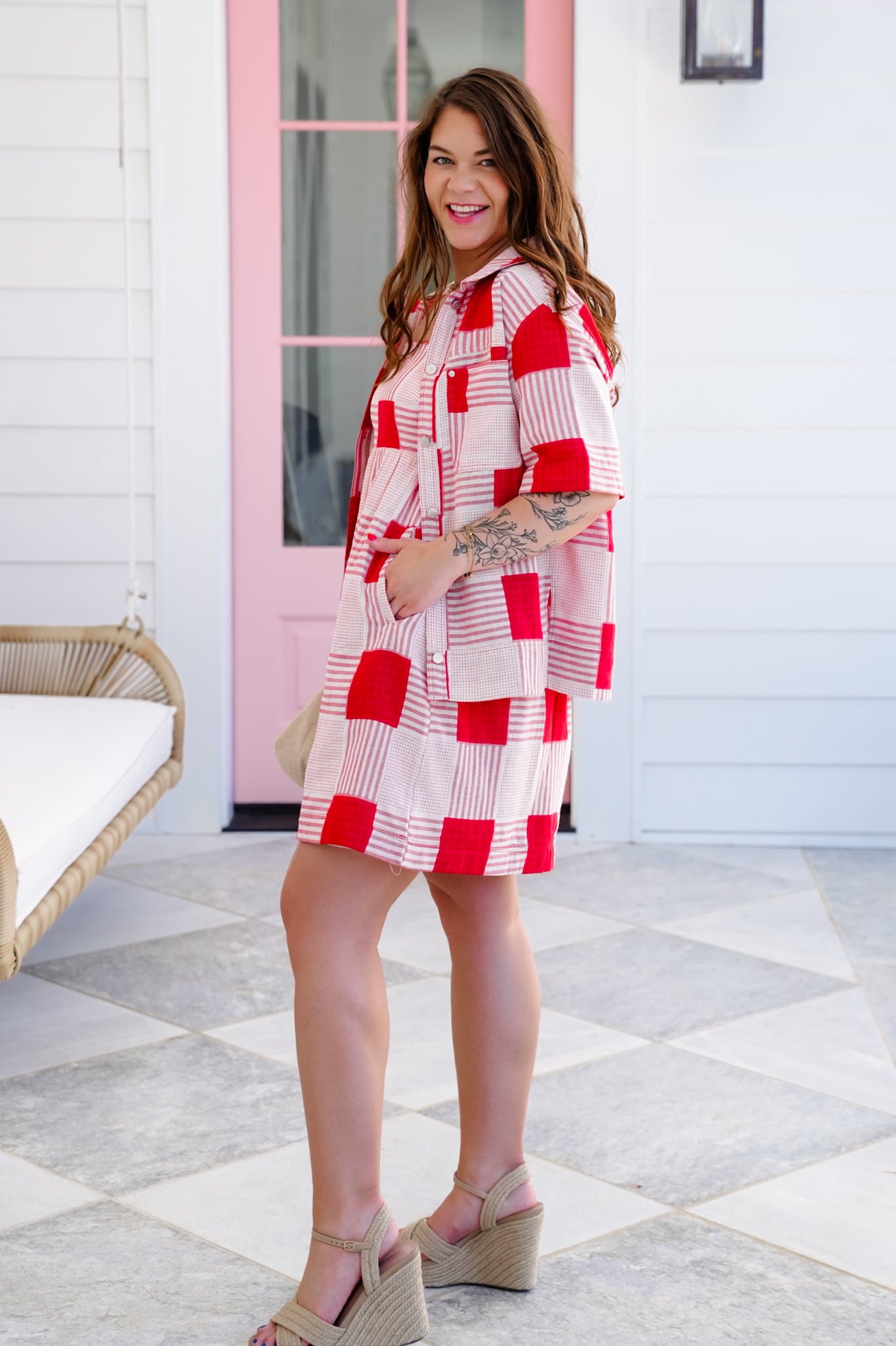 Plaid Short Sleeve Top And Sleeveless Mini Dress Set
