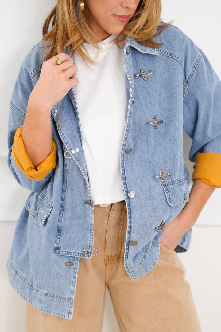 Light Wash Long Sleeve Barn Jacket with Buckle Details