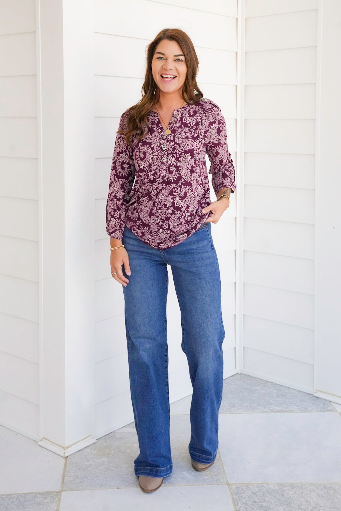 Plus/Reg Paisley Floral 3/4 Sleeve Button Tab Tunic Top
