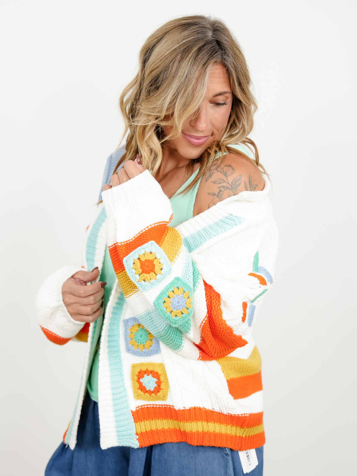 Plus/Reg Stripe and Crochet Granny Square Sweater Cardigan
