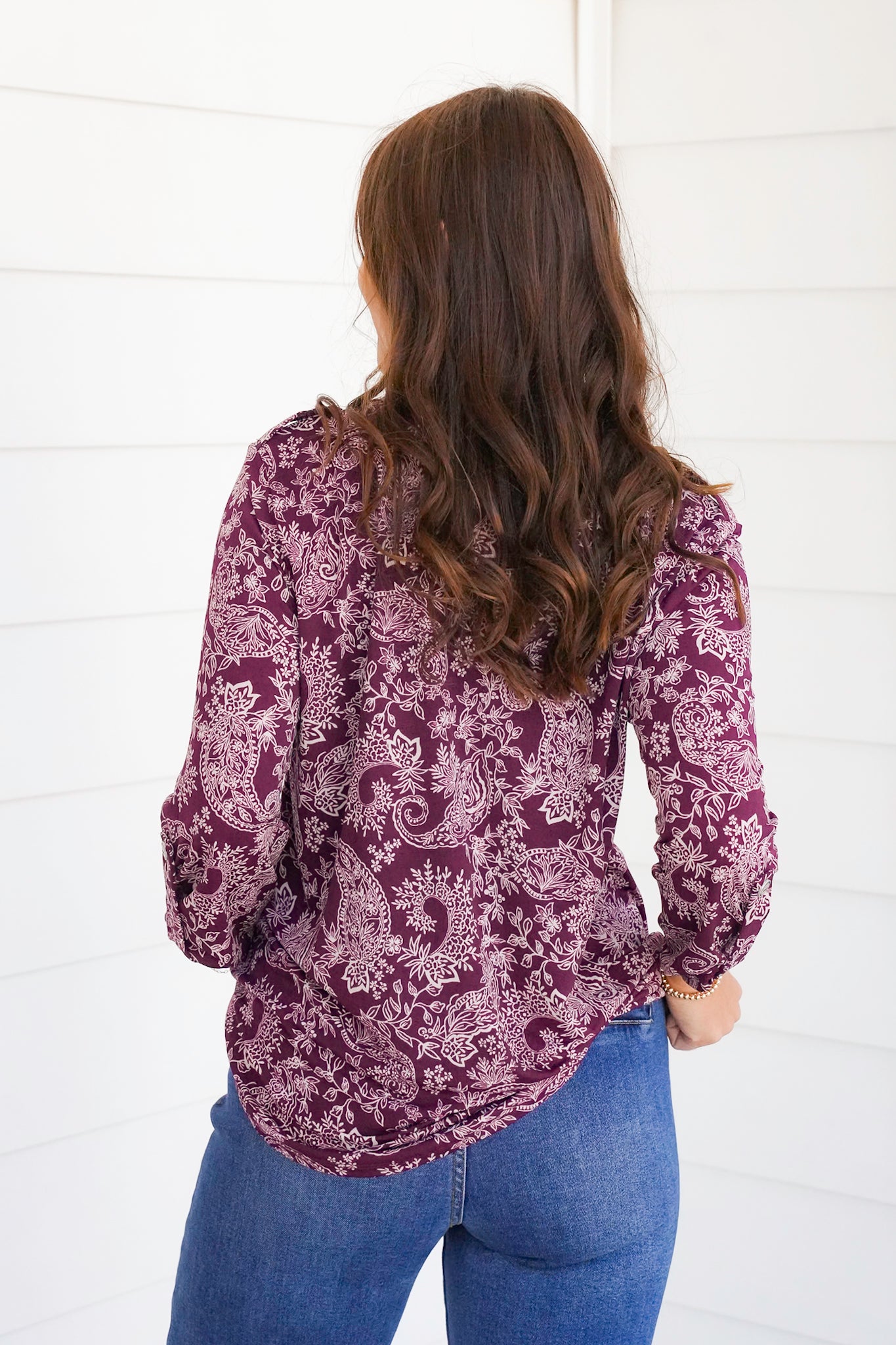 Plus/Reg Paisley Floral 3/4 Sleeve Button Tab Tunic Top