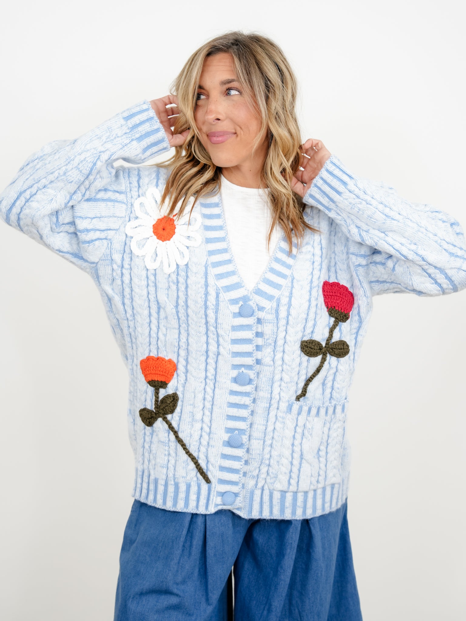 POL Cable Knit Long Sleeve Button Down Cardigan with Crochet