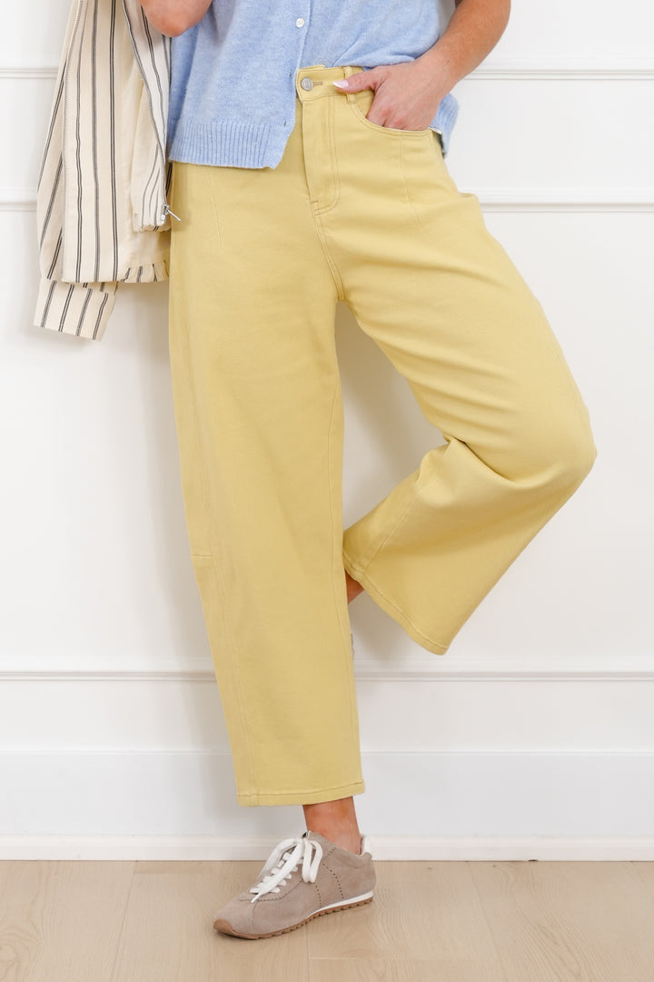 Yellow Twill Mid Rise Barrel Pants