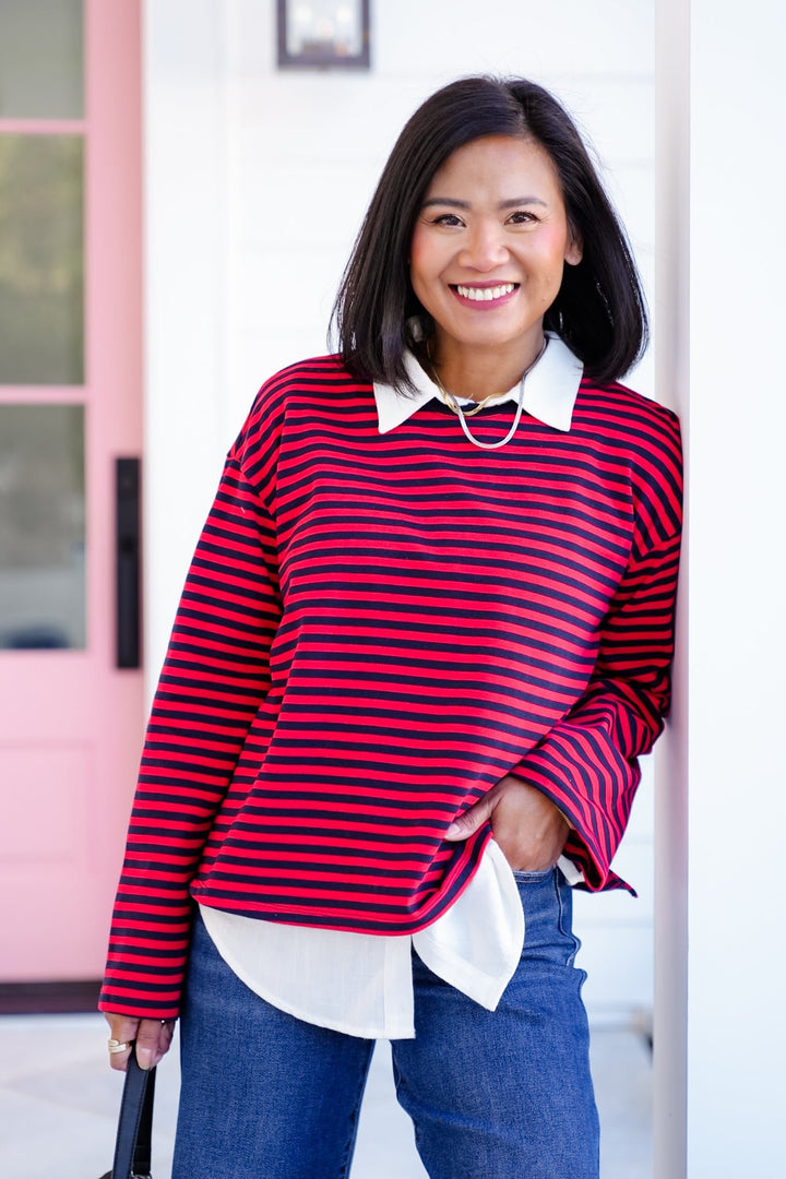 Striped Long Sleeve Round Neck Top - Freckled Poppy