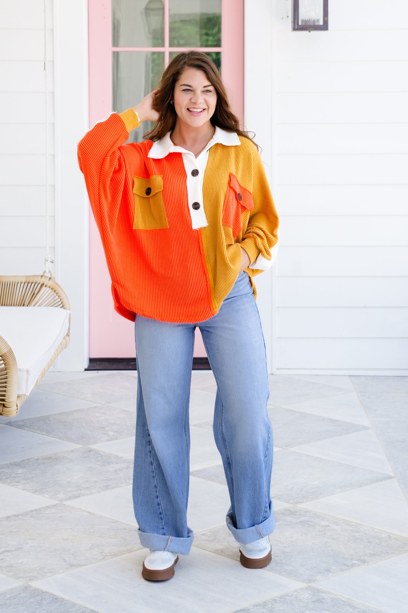 Urban Ribbed Color Block Long Sleeve Button Up Top