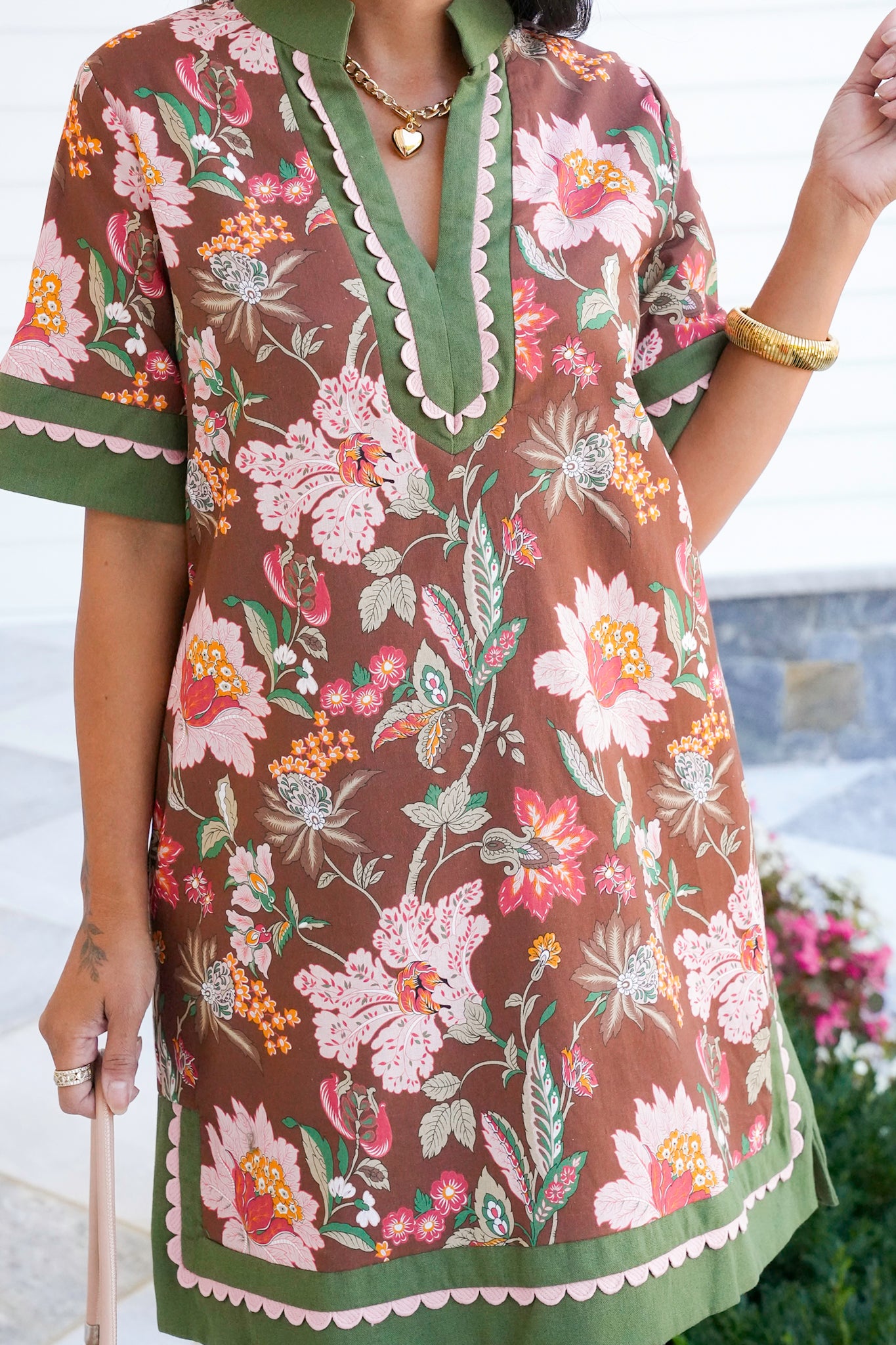 Floral Print Short Sleeve Dress with Ric Rac Trim