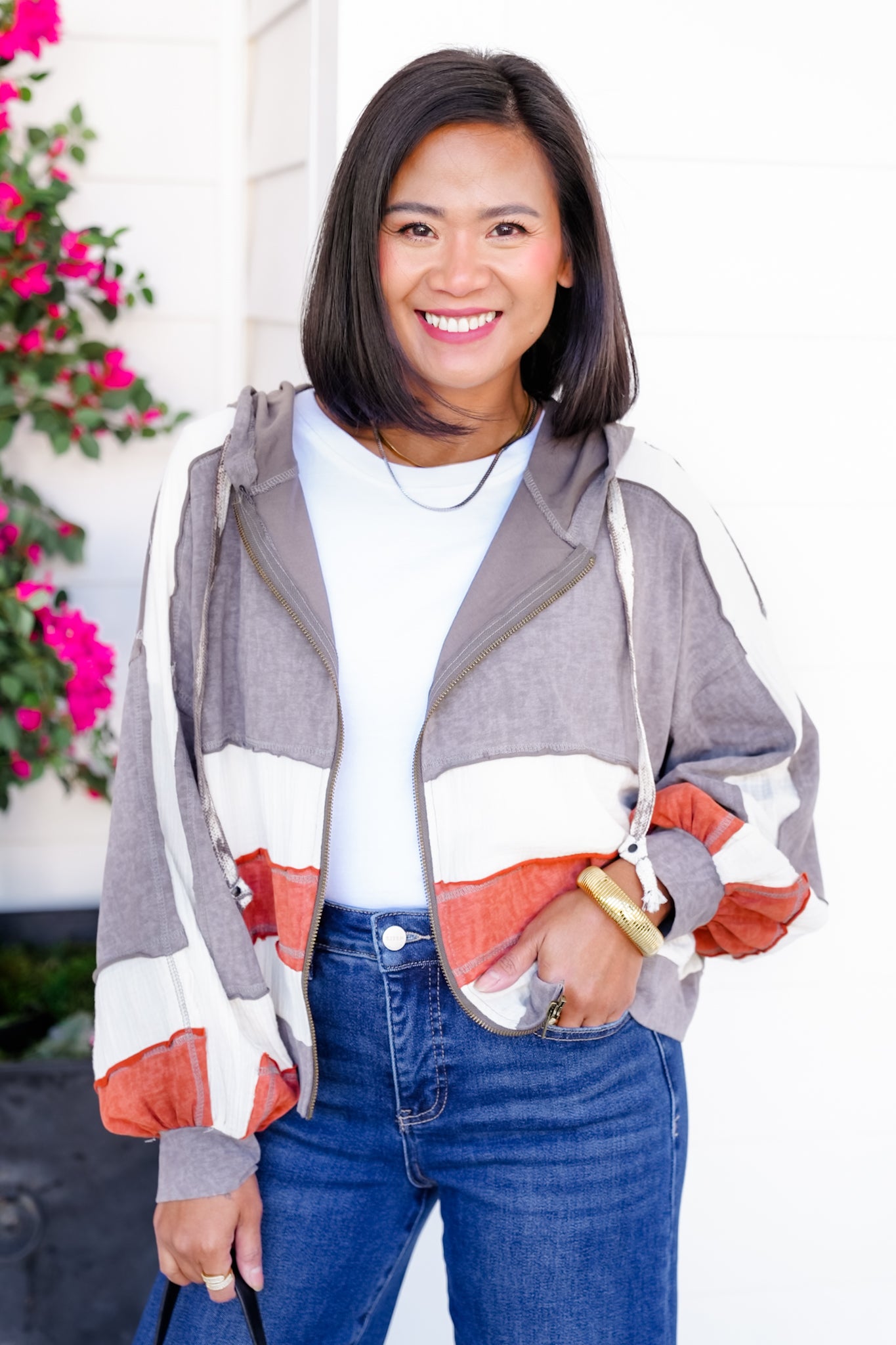 POL Color Block Long Sleeve Zip Up Hoodie Top