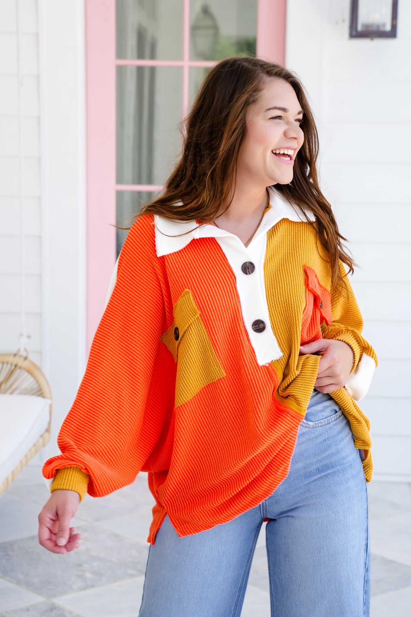Urban Ribbed Color Block Long Sleeve Button Up Top