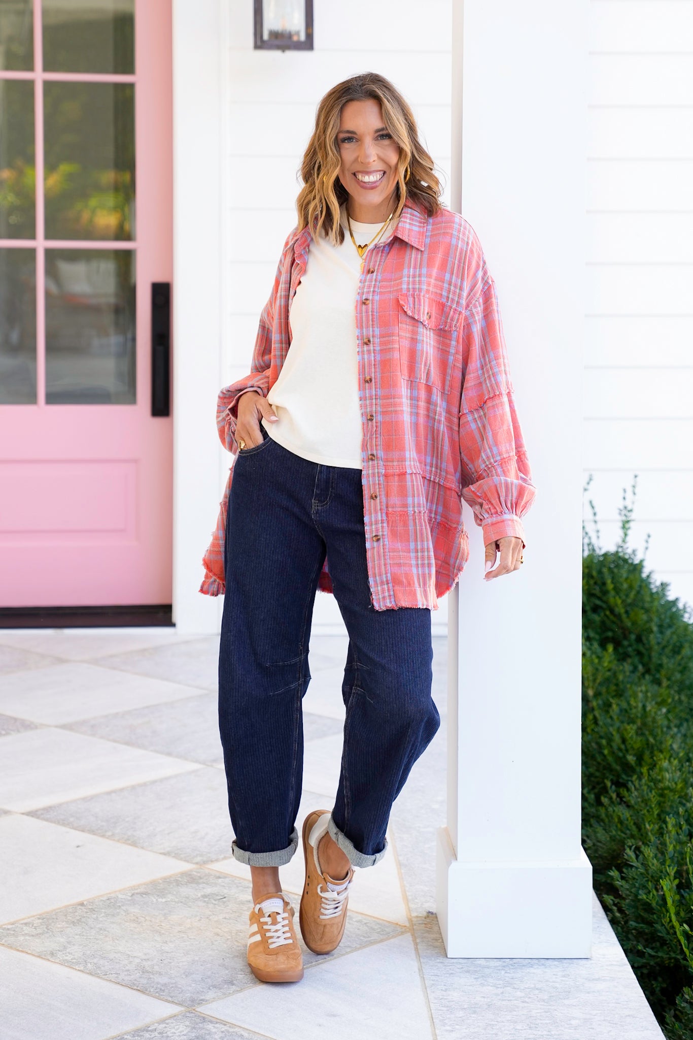 Washed Plaid Button Down Shirt with Reverse Seam