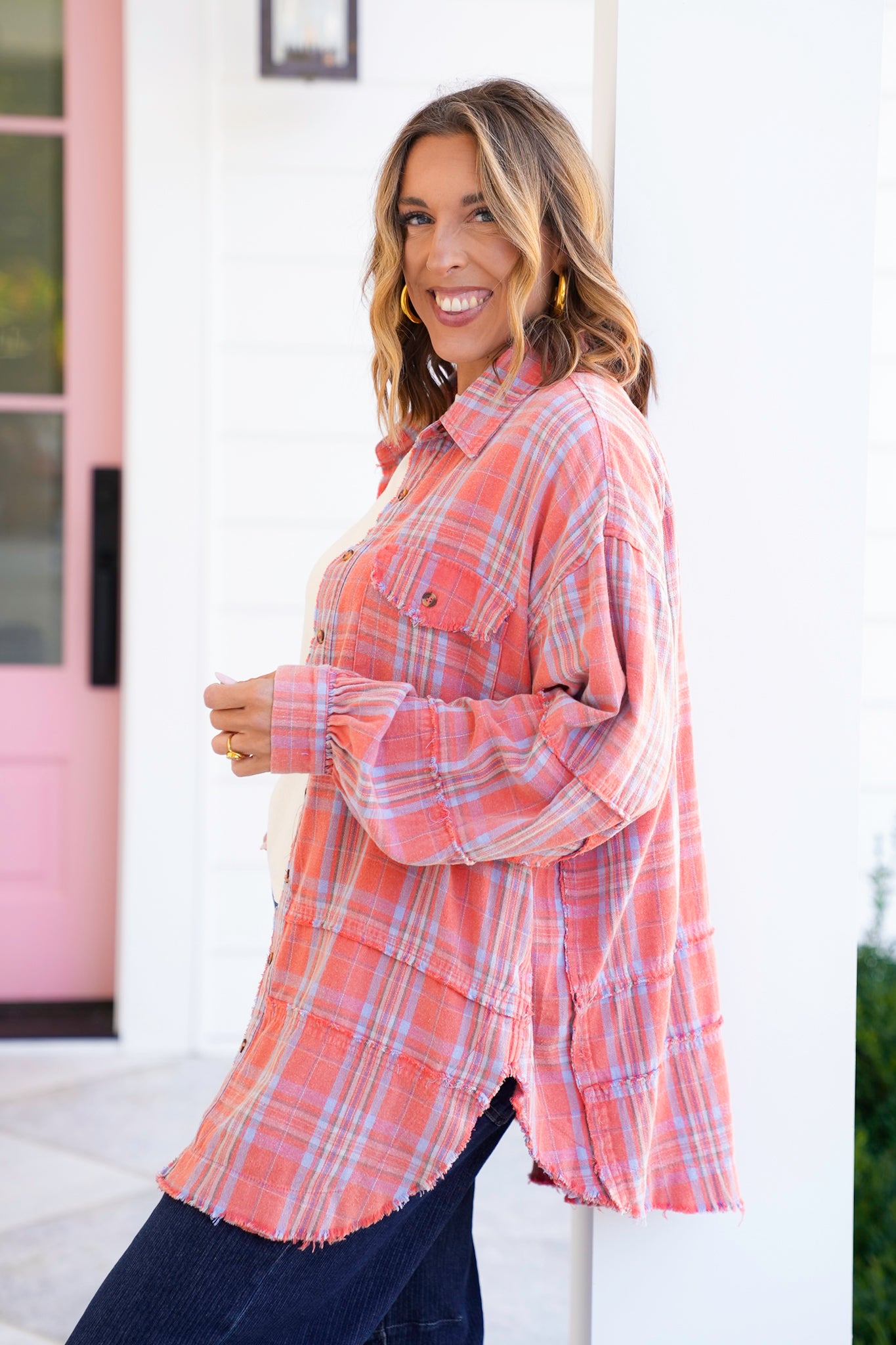 Washed Plaid Button Down Shirt with Reverse Seam