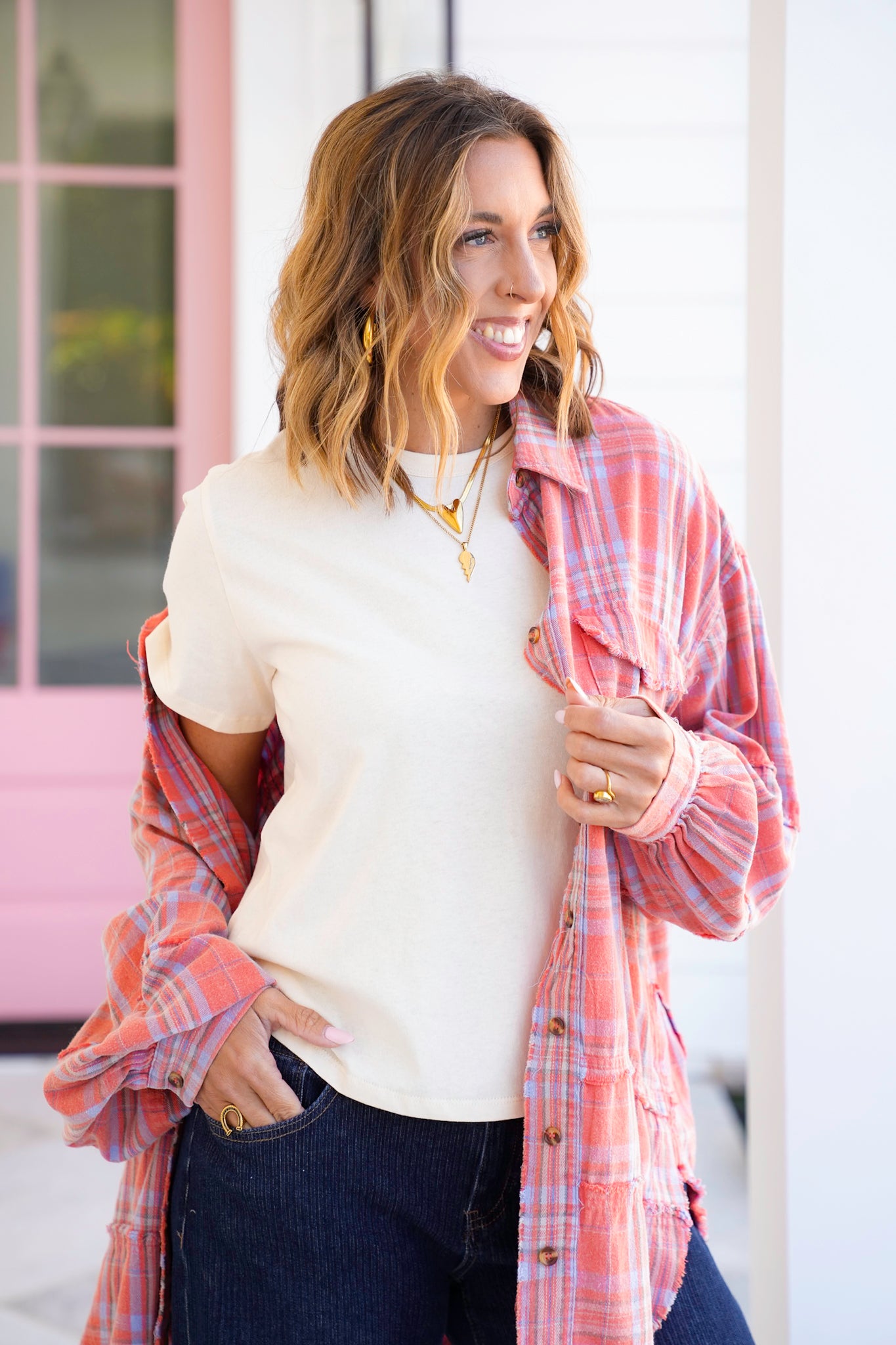 Washed Plaid Button Down Shirt with Reverse Seam
