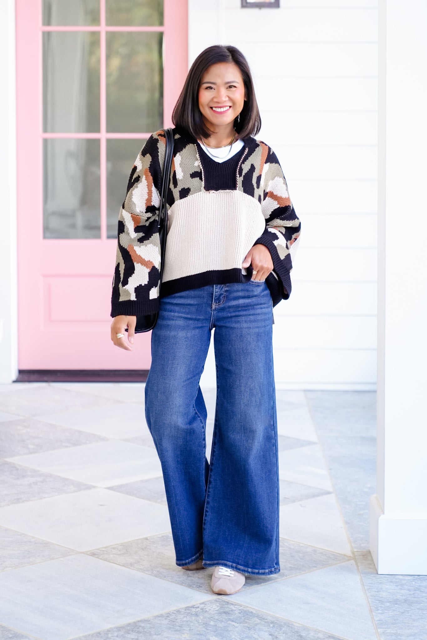 Camo Long Sleeve Drop Shoulder Knit Sweater