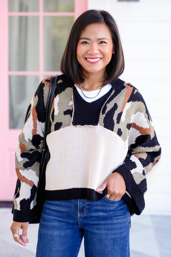 Camo Long Sleeve Drop Shoulder Knit Sweater