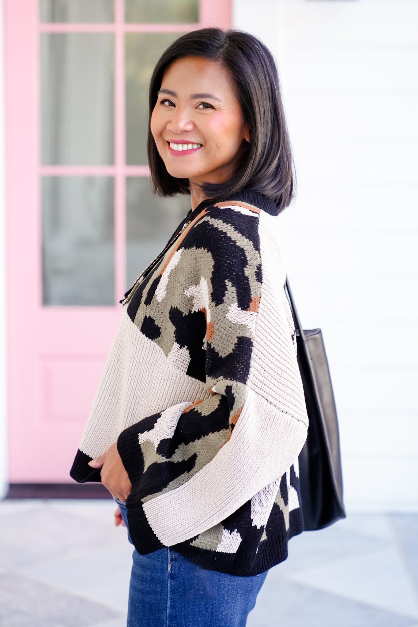 Camo Long Sleeve Drop Shoulder Knit Sweater