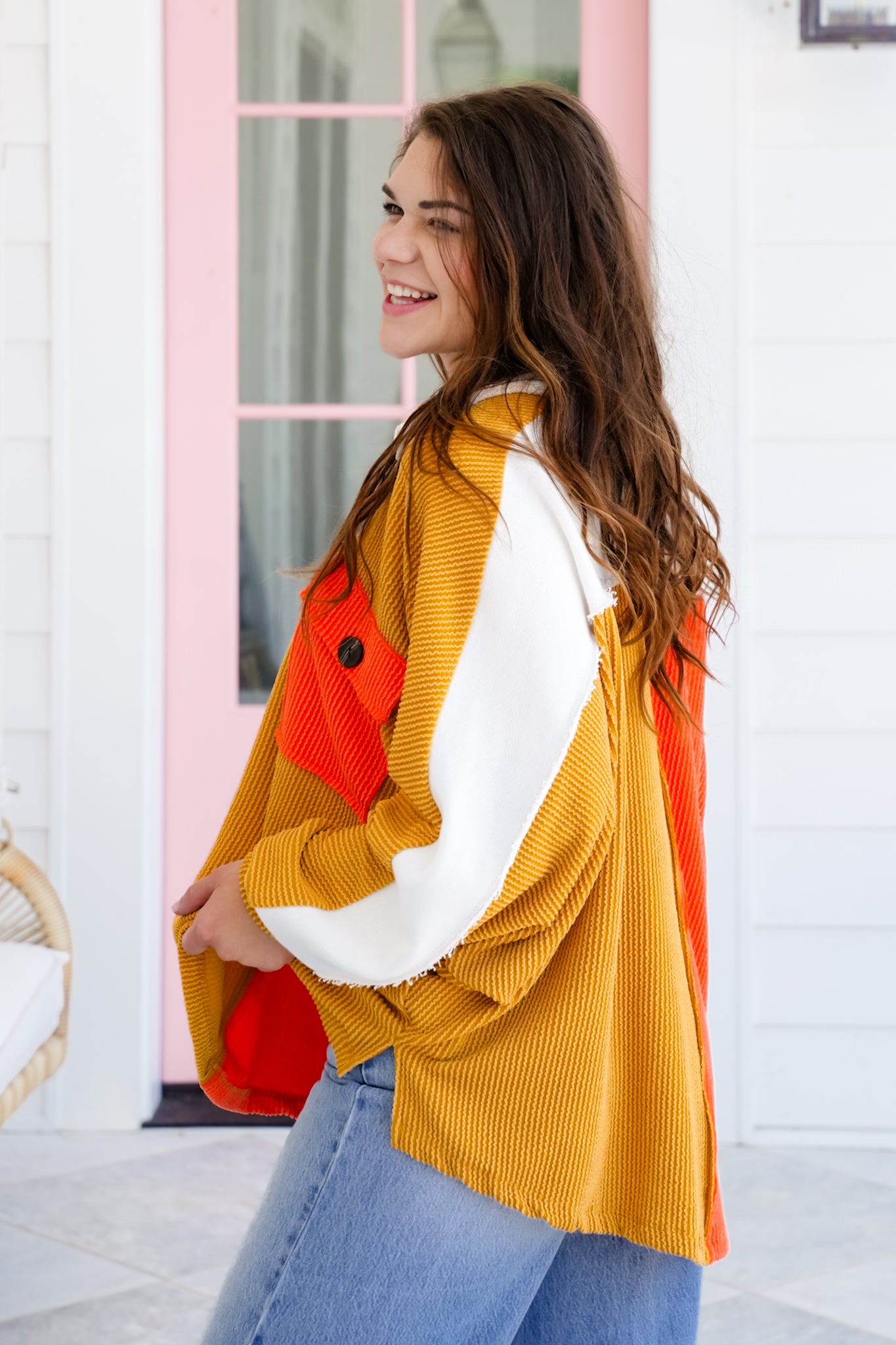Urban Ribbed Color Block Long Sleeve Button Up Top