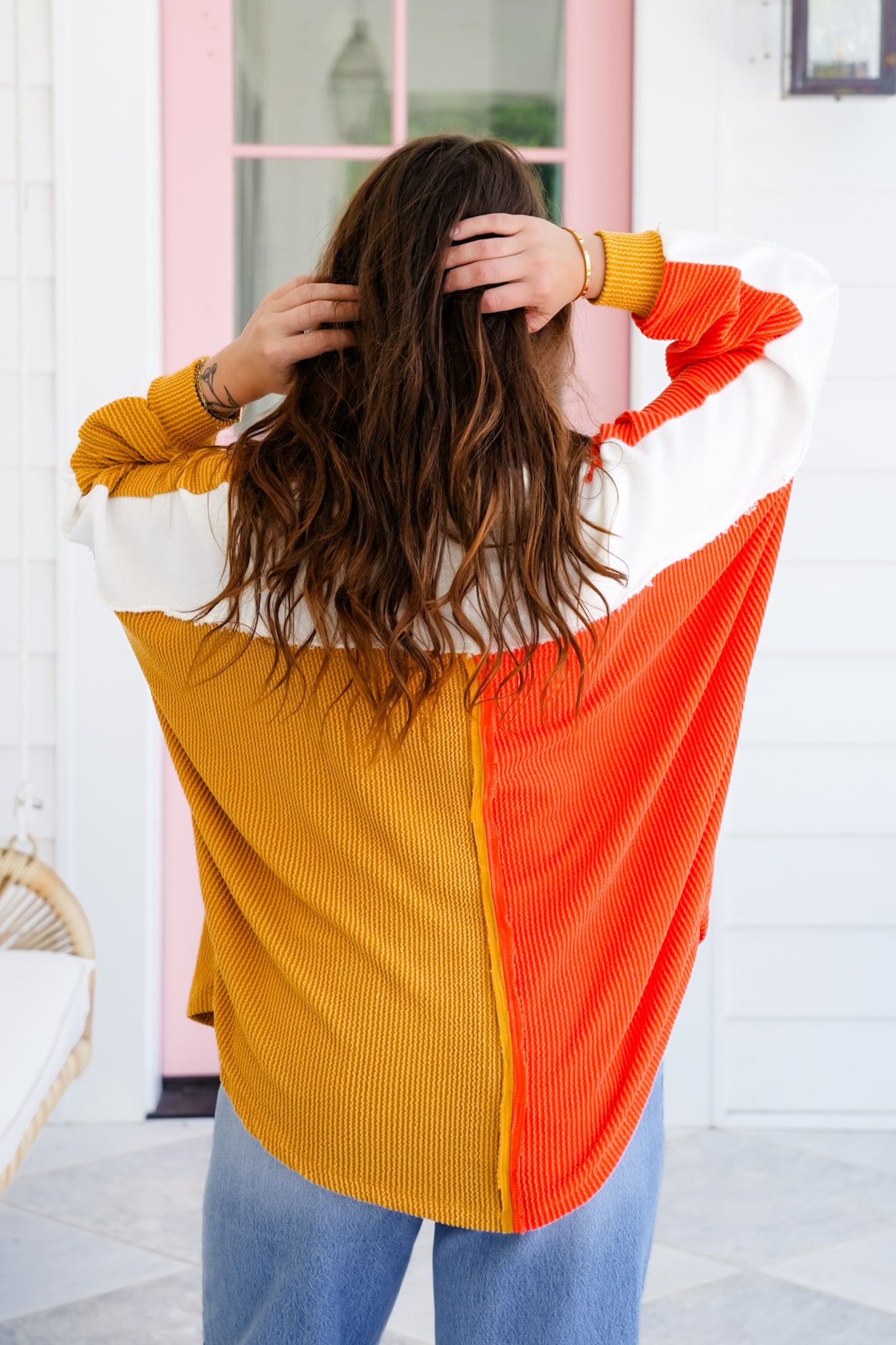 Urban Ribbed Color Block Long Sleeve Button Up Top