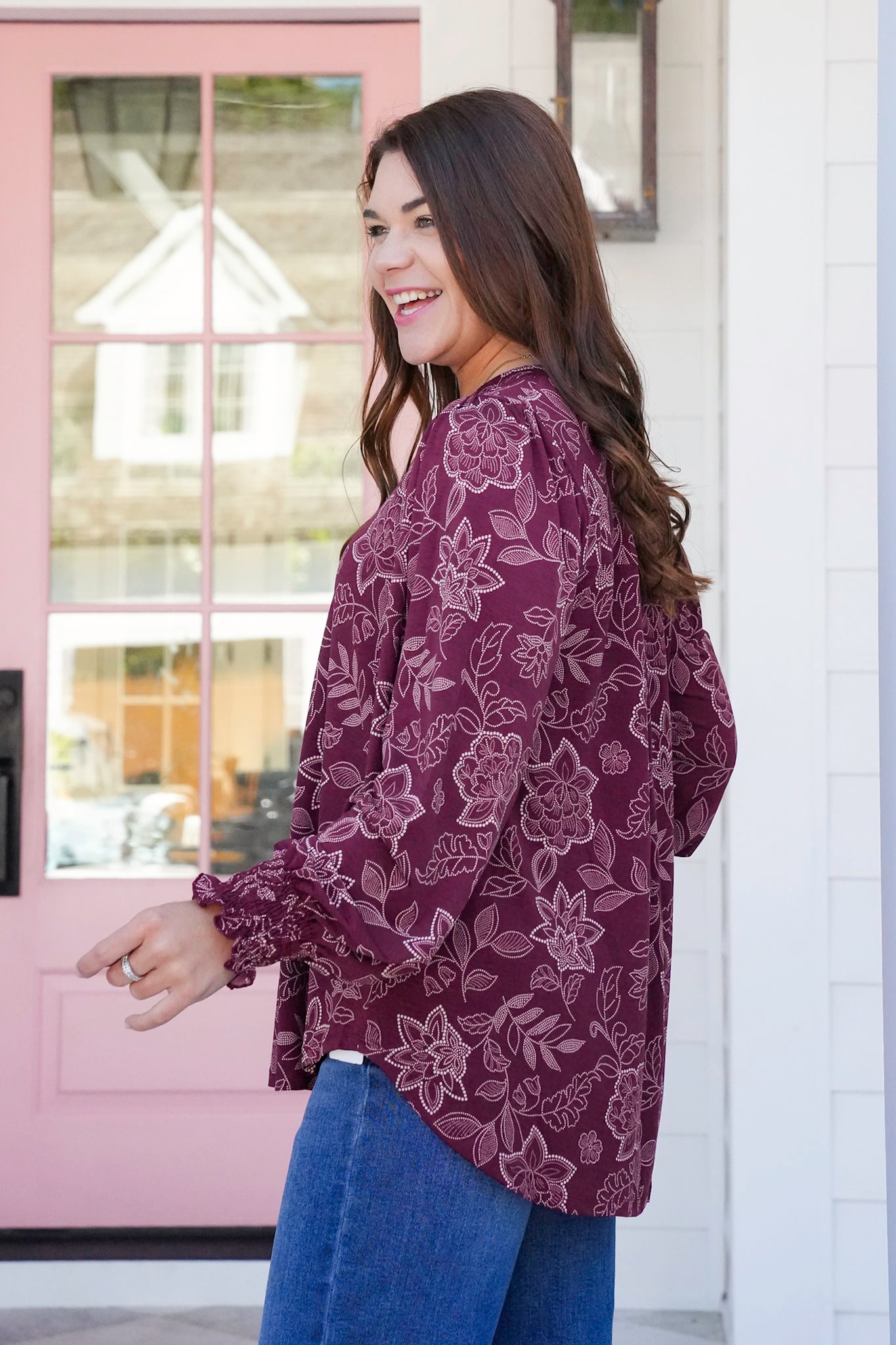 Plus/Reg Floral Long Sleeve Split Neck Tunic Top