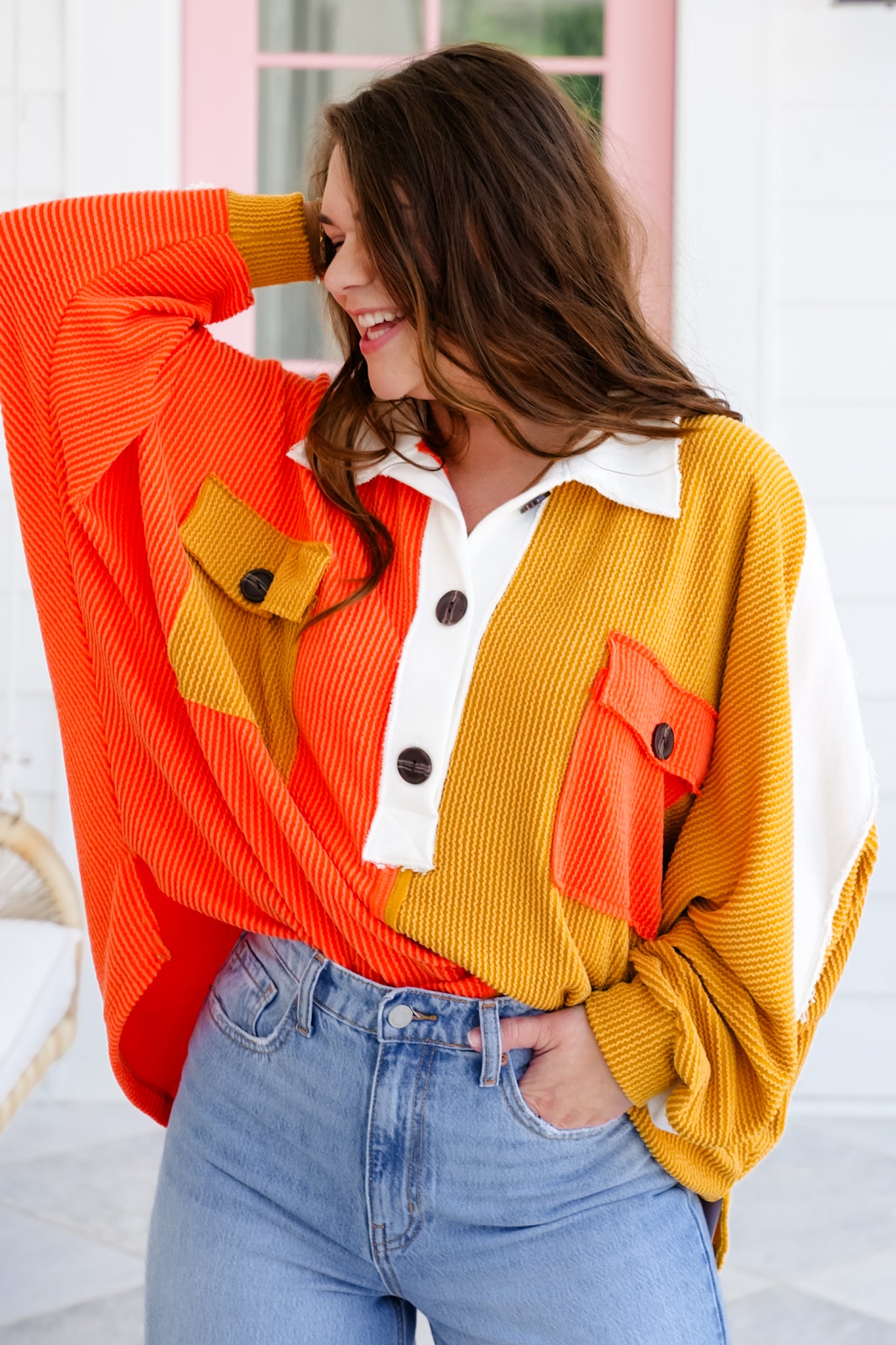 Urban Ribbed Color Block Long Sleeve Button Up Top