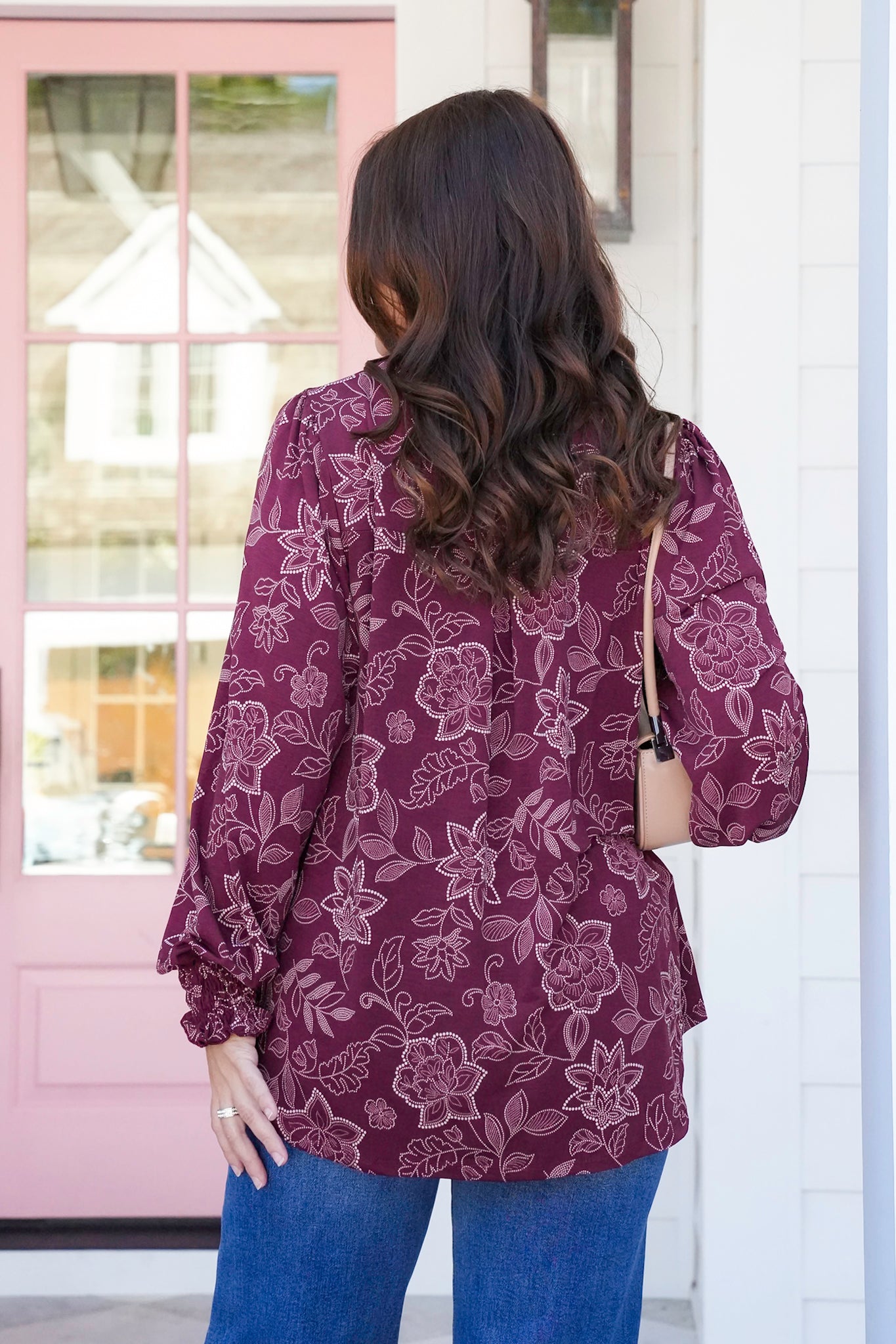 Plus/Reg Floral Long Sleeve Split Neck Tunic Top