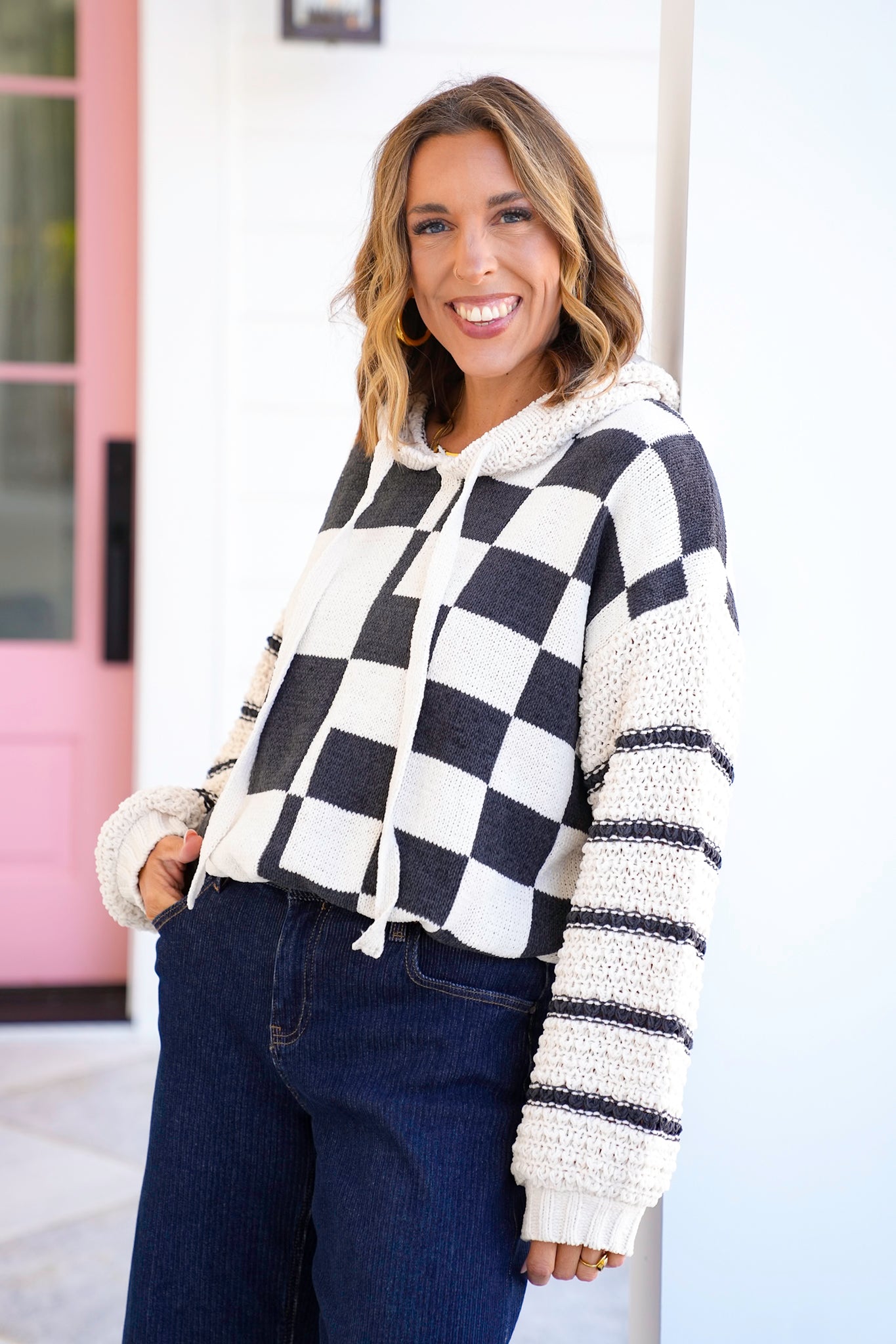Checkered Long Sleeve Hooded Sweater