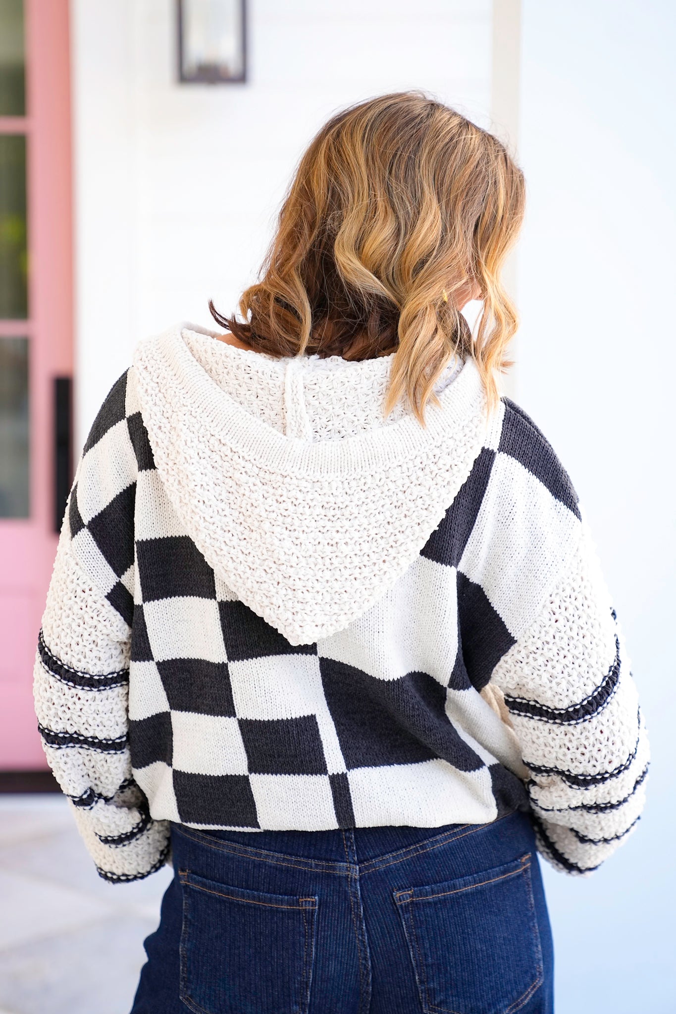 Checkered Long Sleeve Hooded Sweater