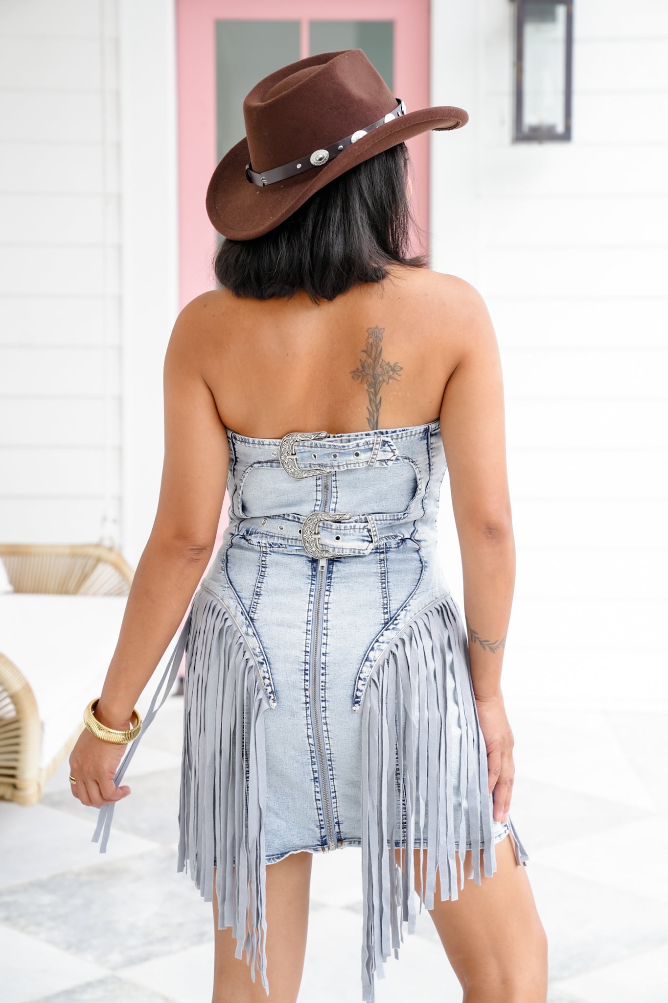 Strapless Fringe Dress with Buckle Back Detail