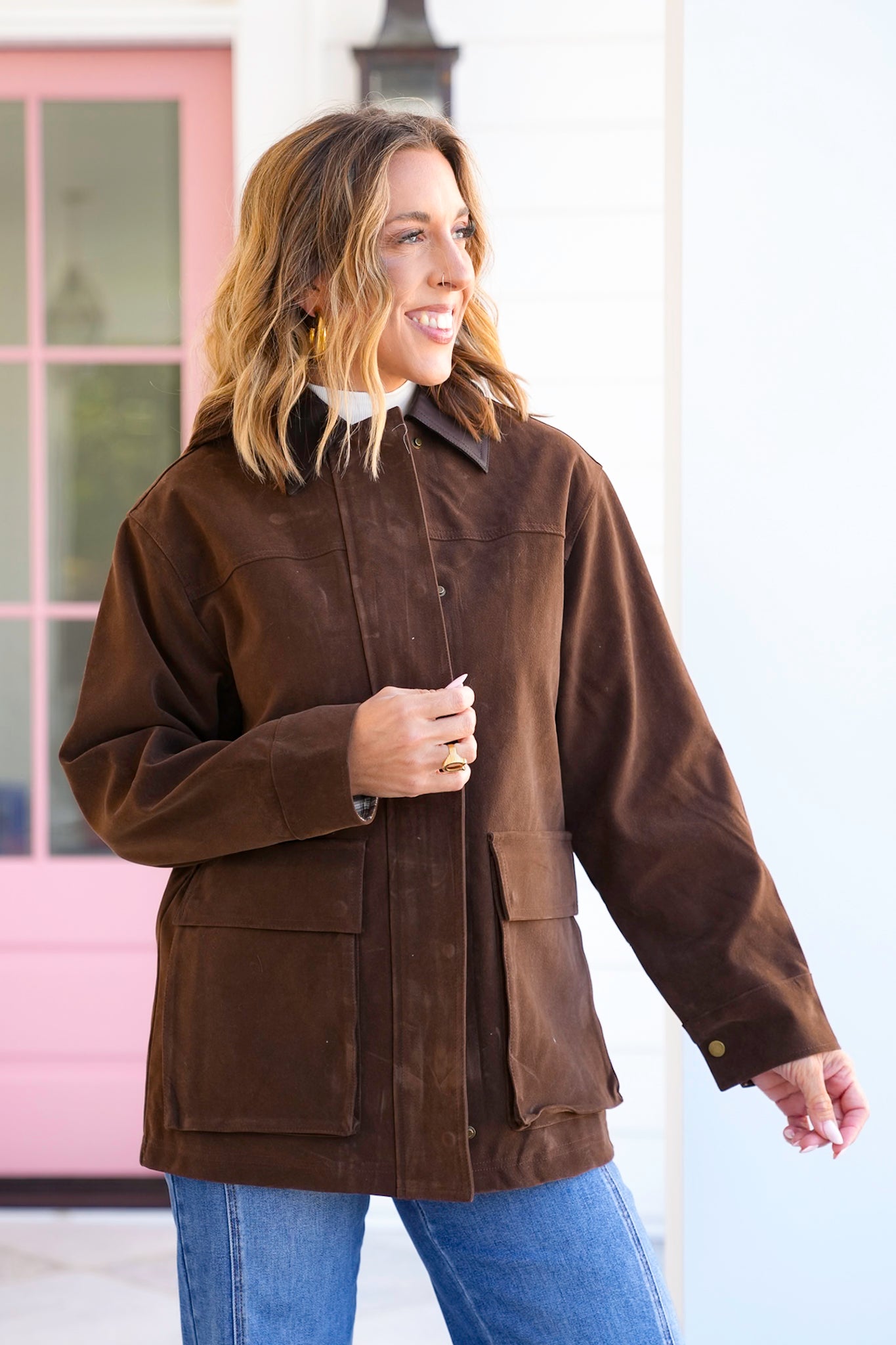 Long Sleeve Vegan Suede Jacket with Snap Button