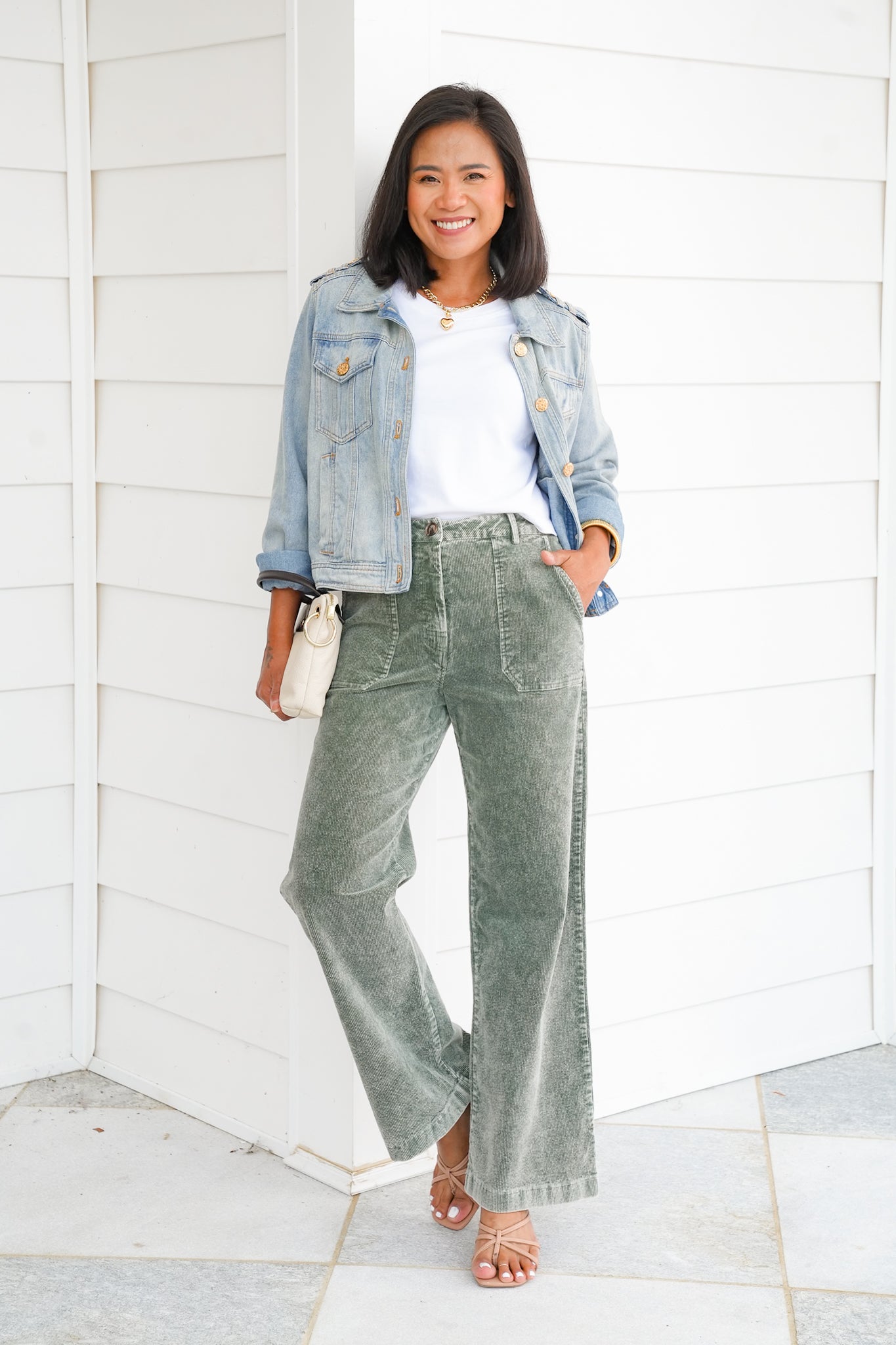 Washed Green Corduroy Wide Leg Pants with Pockets