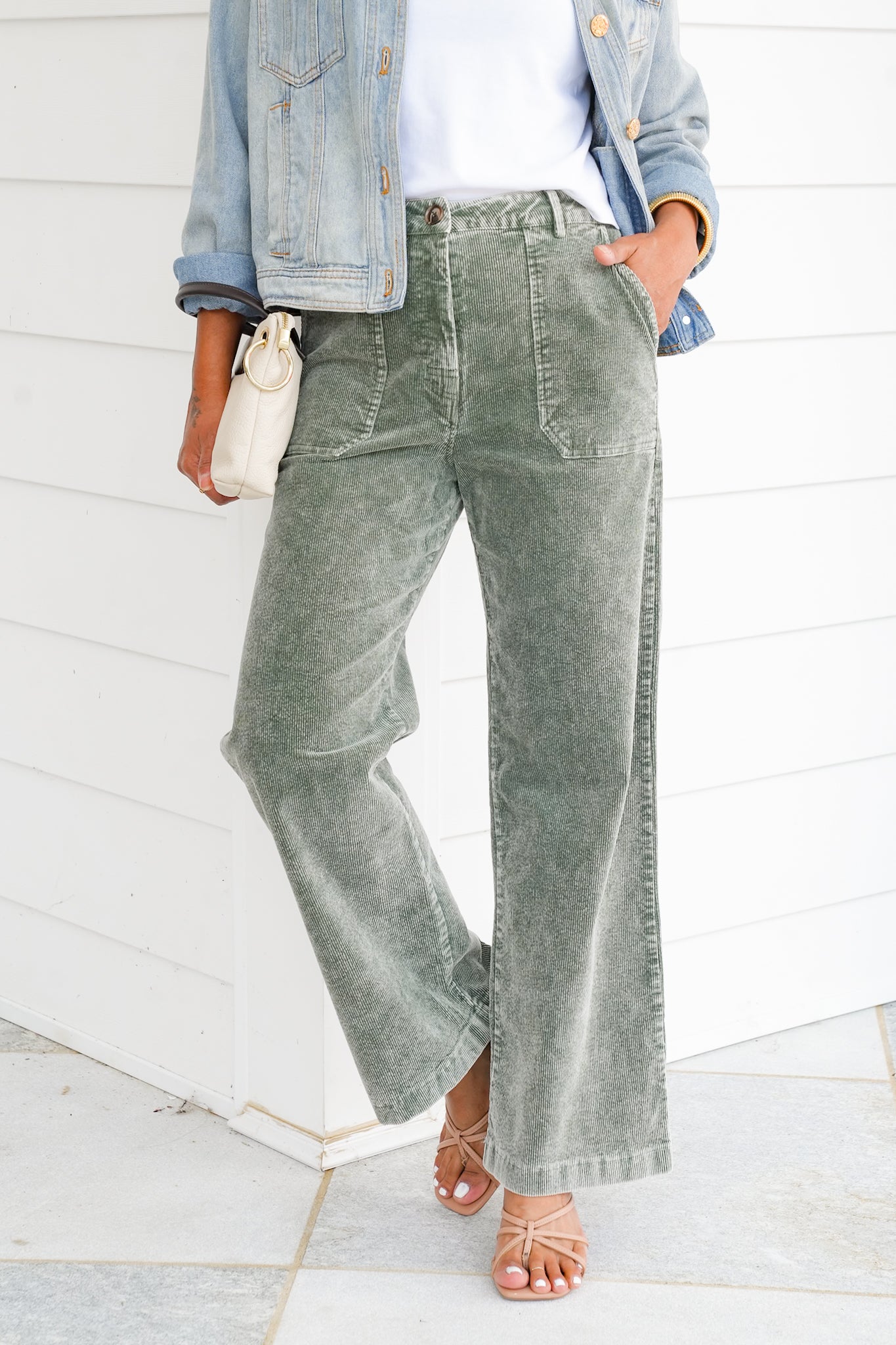 Washed Green Corduroy Wide Leg Pants with Pockets