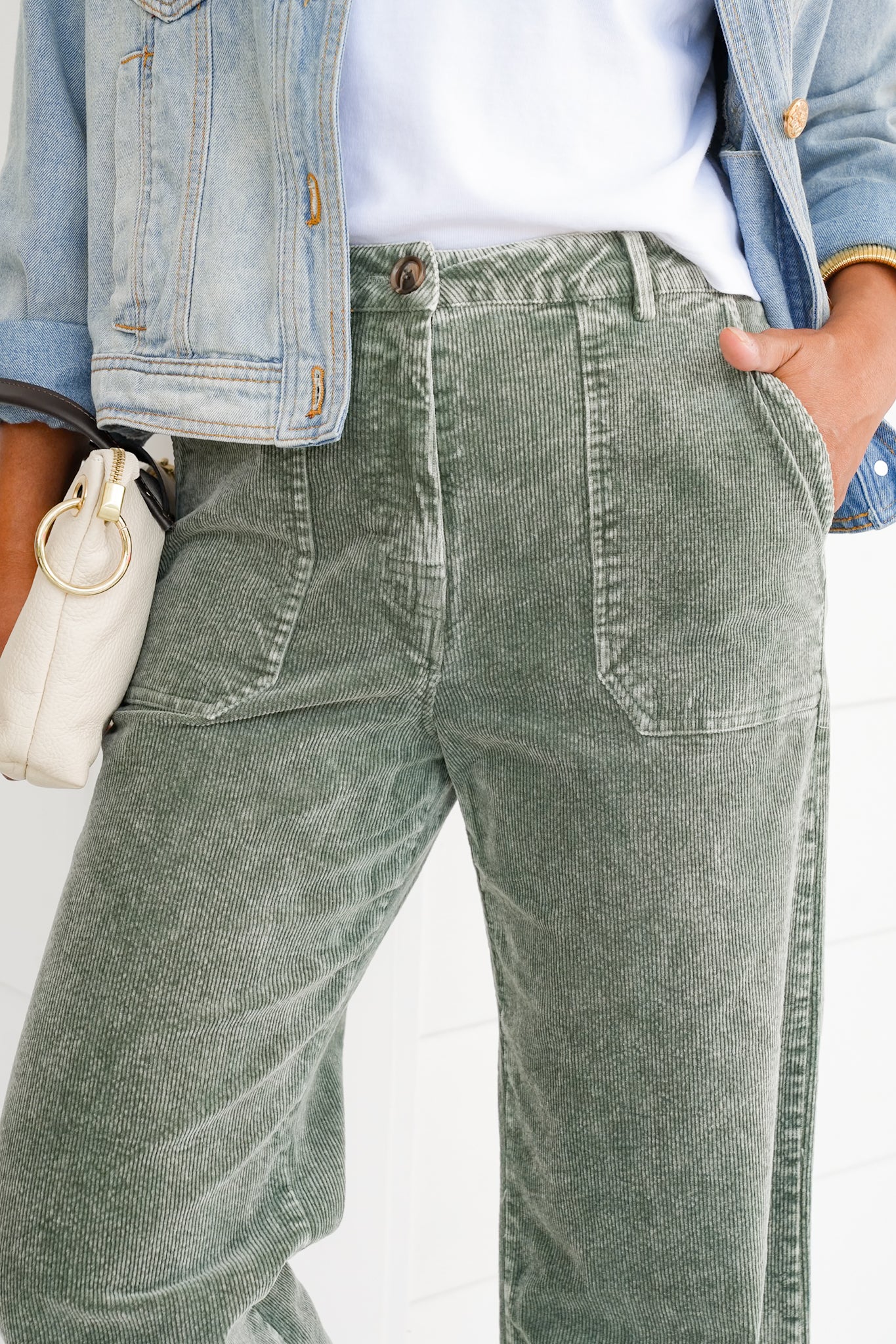 Washed Green Corduroy Wide Leg Pants with Pockets