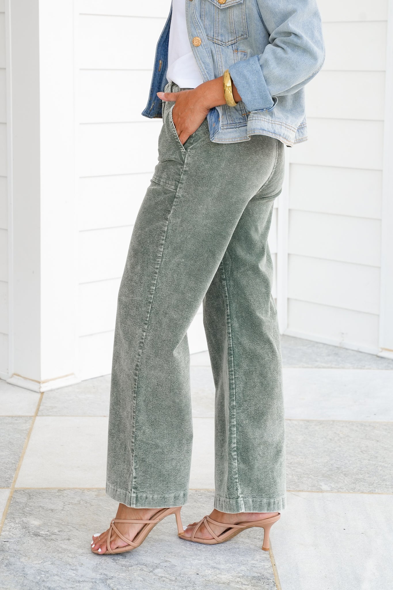 Washed Green Corduroy Wide Leg Pants with Pockets
