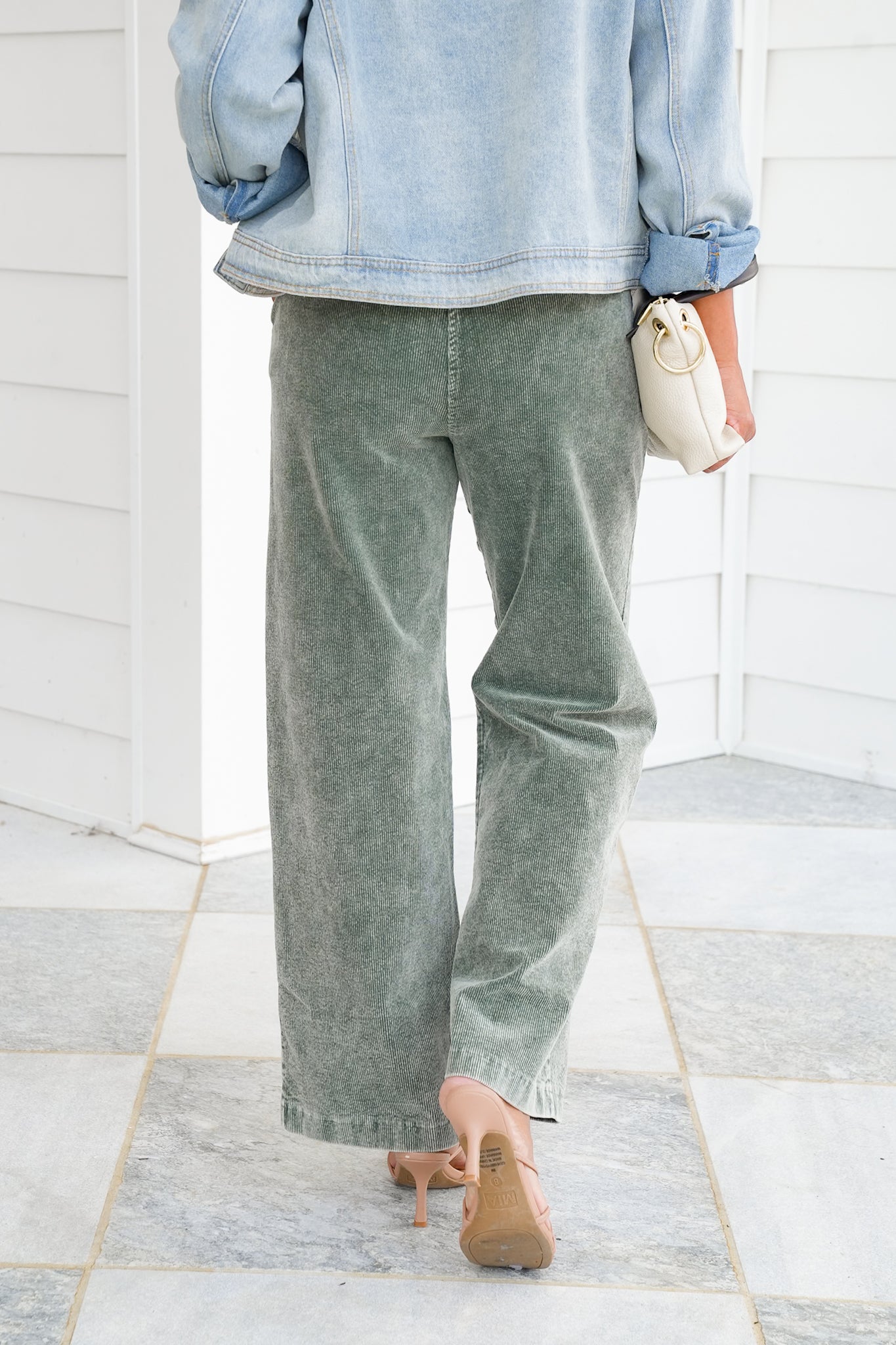 Washed Green Corduroy Wide Leg Pants with Pockets