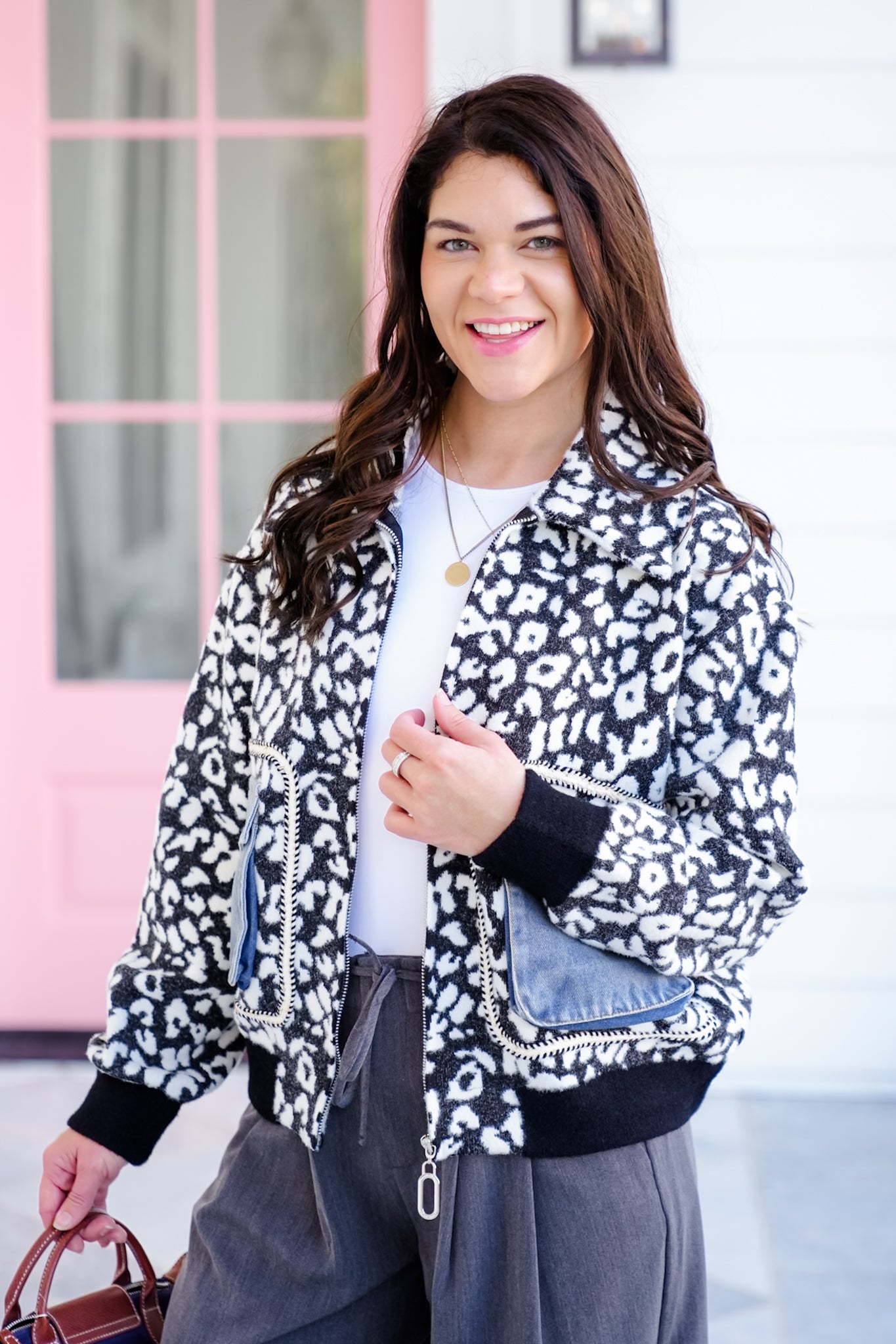 Leopard Long Sleeve Zip Up Jacket with Patch Pockets