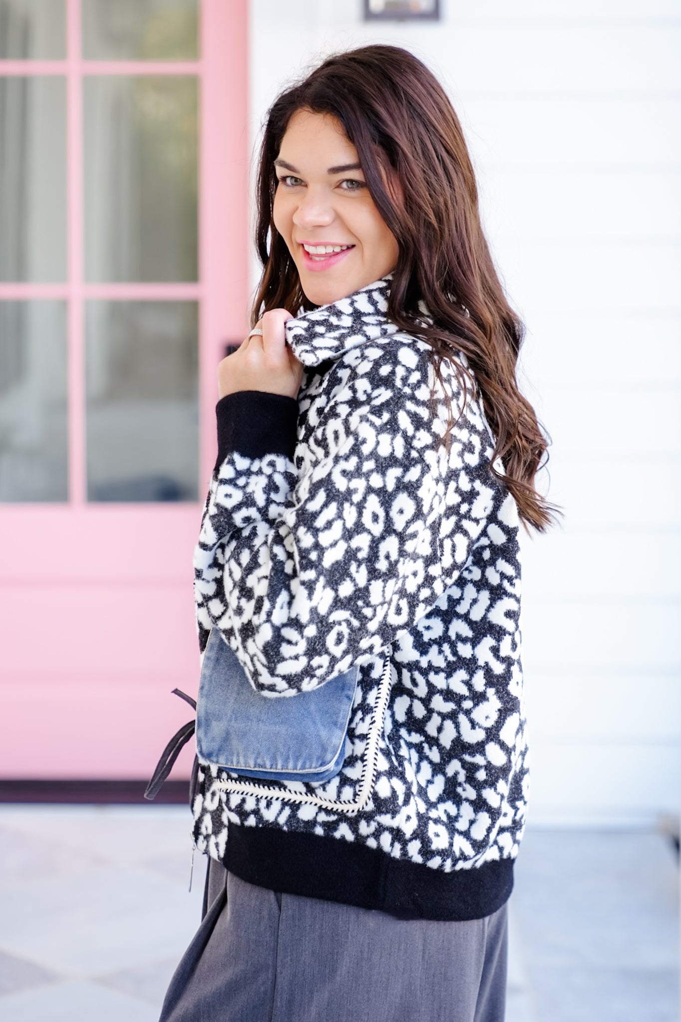 Leopard Long Sleeve Zip Up Jacket with Patch Pockets