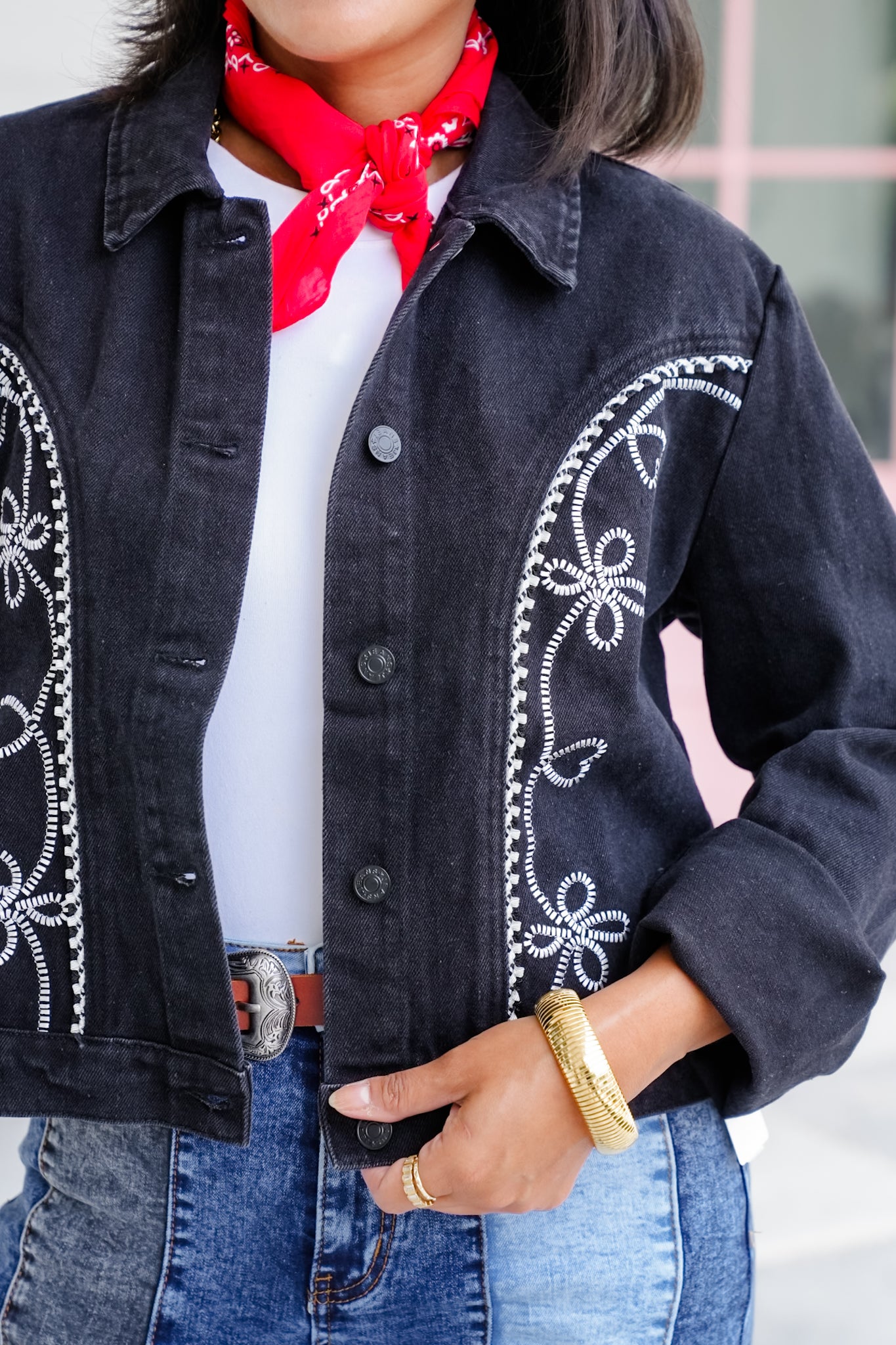 Embroidered Floral Long Sleeve Button Down Jacket